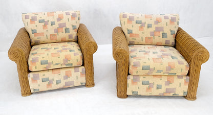 EstablishedLines Pair Decorative c1970s Oversize Rttan Bamboo Wicker Club Lounge Chairs Mint!