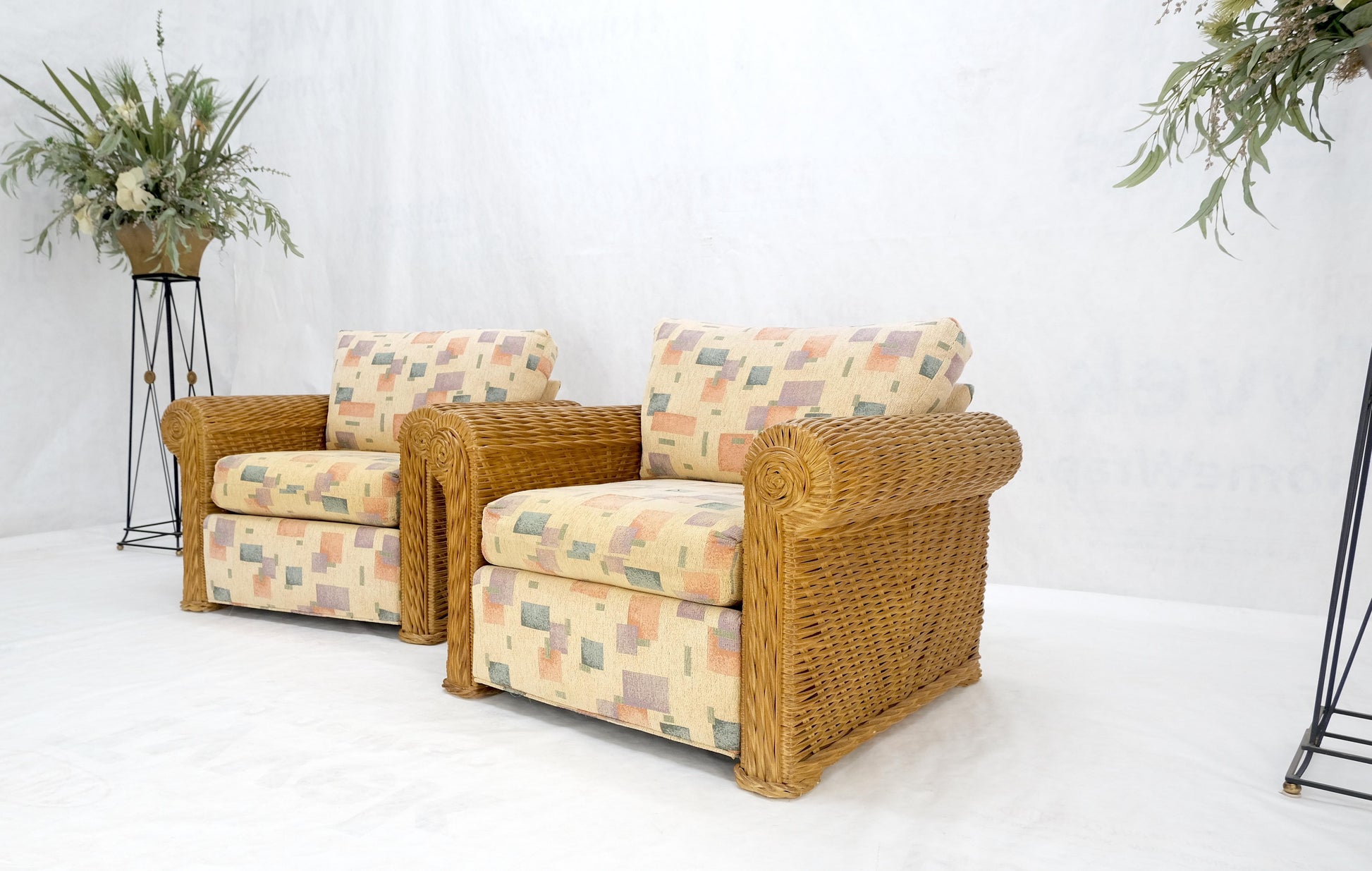 EstablishedLines Pair Decorative c1970s Oversize Rttan Bamboo Wicker Club Lounge Chairs Mint!