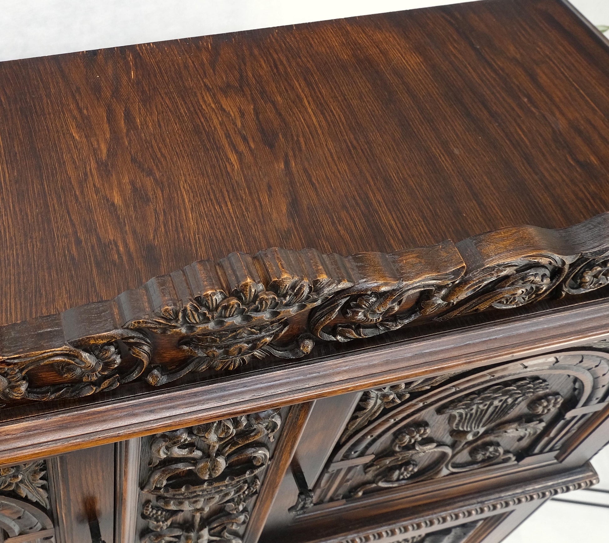 EstablishedLines Antique Carved Oak Two Doors Jacobean Style China Cabinet Cupboard Hutch Buffet