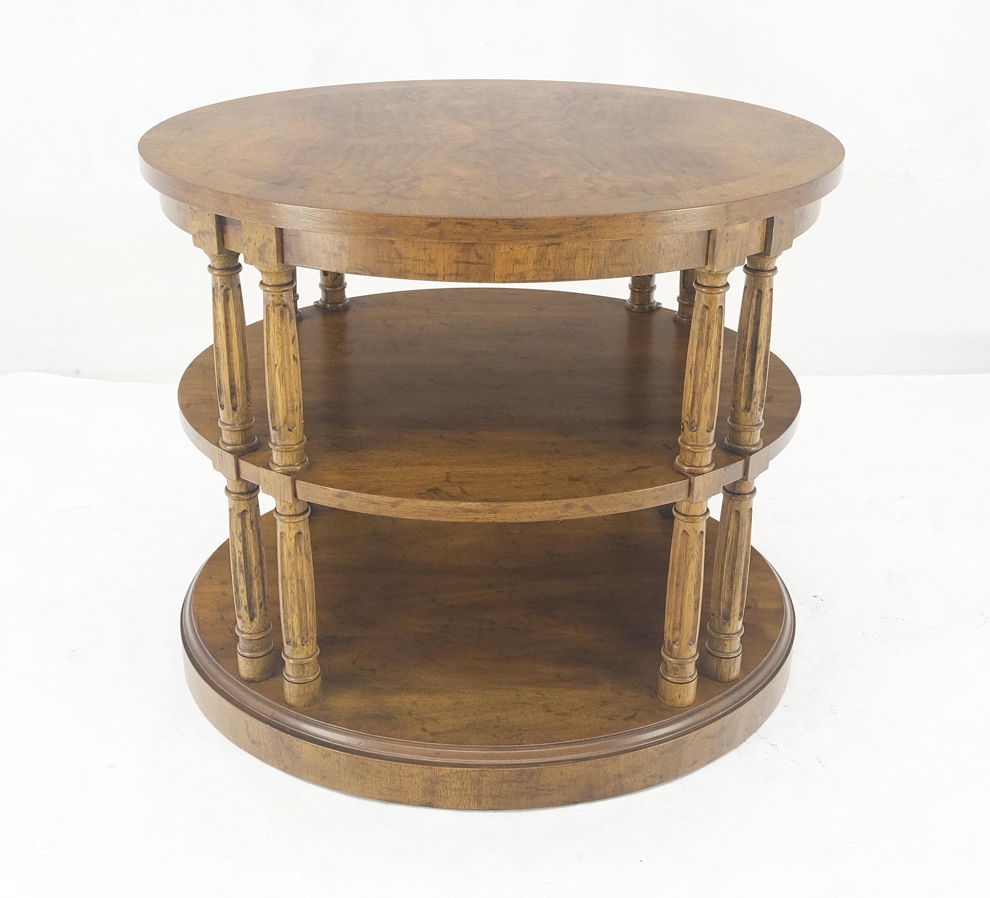 EstablishedLines Henredon Oval Burl Walnut 3 Tier Sied End Lamp Table Stand Magazine Shelf MINT