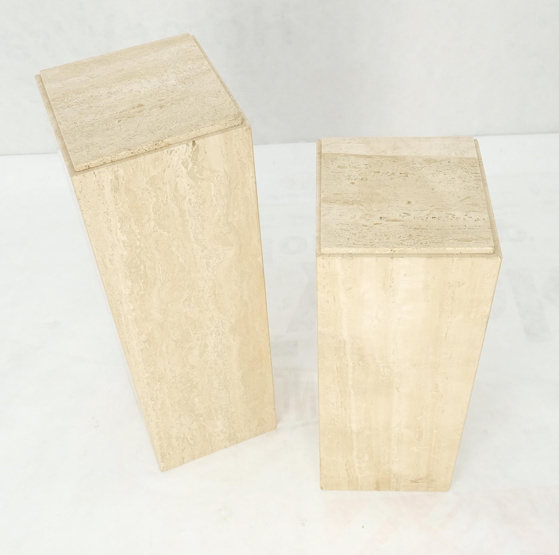 EstablishedLines Pair of 10" Square Italian Mid Century Modern Travertine Pedestals Stands MINT!