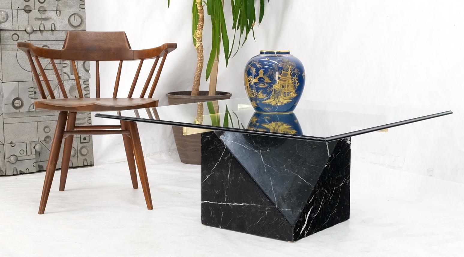 EstablishedLines Black Cube Shape Marble Base Brass Stretchers Square Glass Top Coffee Table