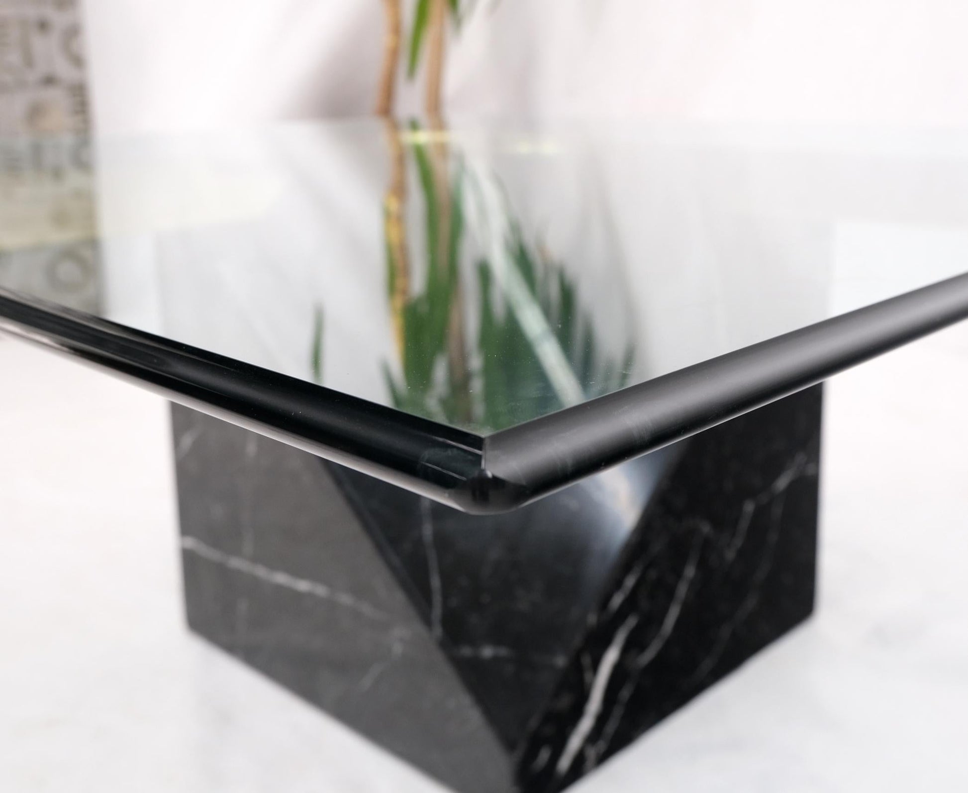 EstablishedLines Black Cube Shape Marble Base Brass Stretchers Square Glass Top Coffee Table