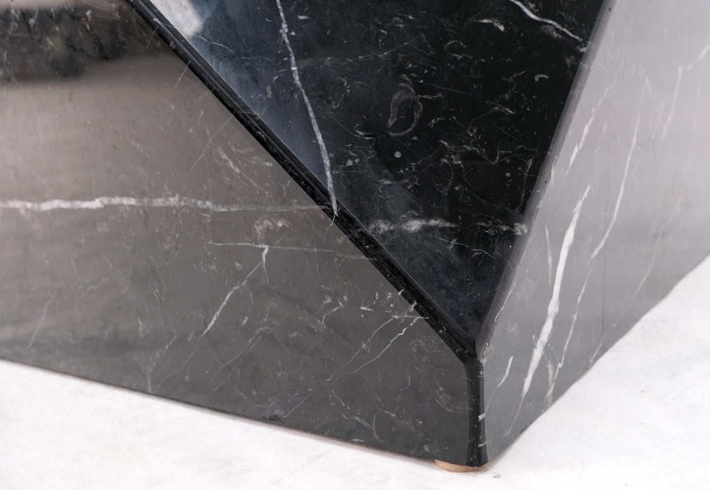 EstablishedLines Black Cube Shape Marble Base Brass Stretchers Square Glass Top Coffee Table