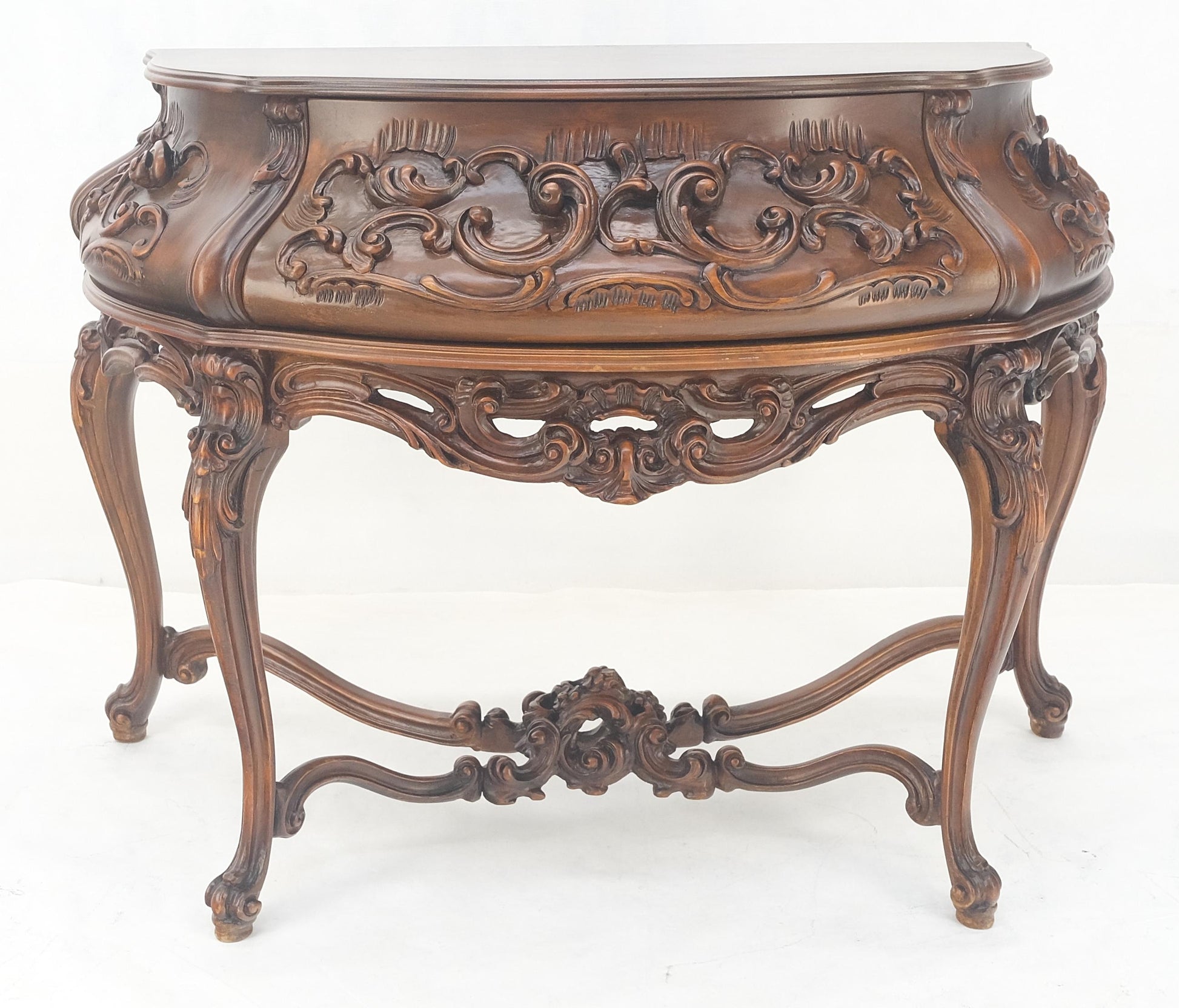 EstablishedLines Heavily Carved Decorative Demi Lune Style Burl Walnut Top Console Table MINT