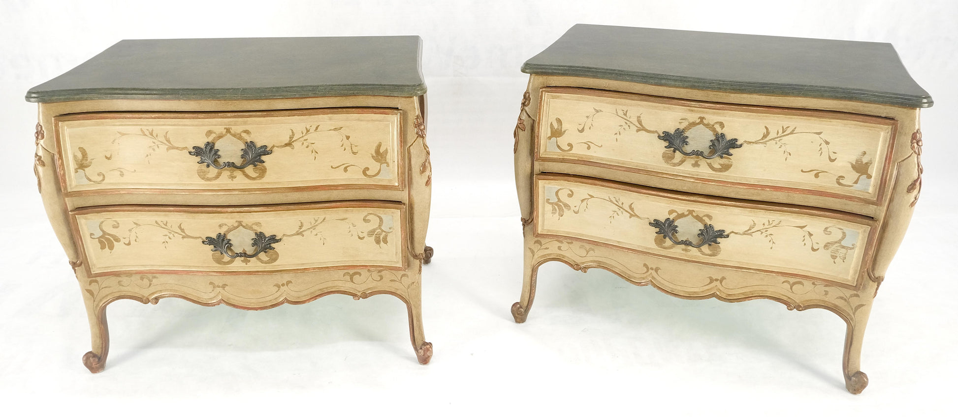 EstablishedLines Bombay Paint Decorated Faux Marble Top Two Drawers Night Stands End Tables MINT!