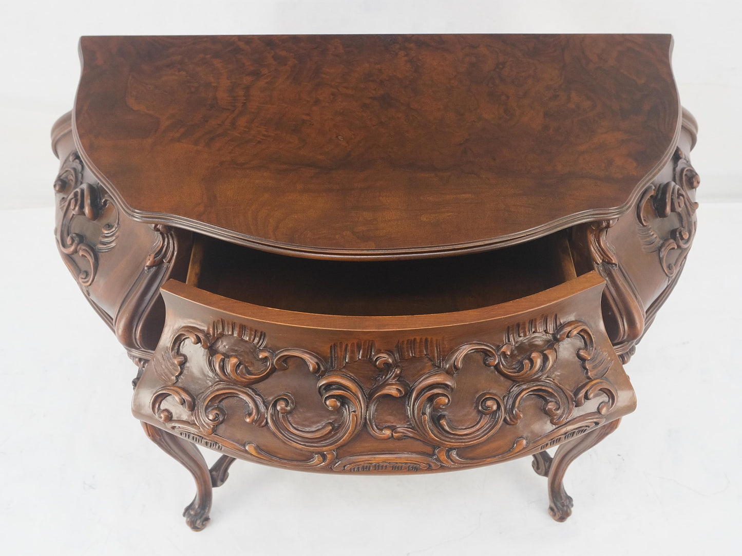 EstablishedLines Heavily Carved Decorative Demi Lune Style Burl Walnut Top Console Table MINT