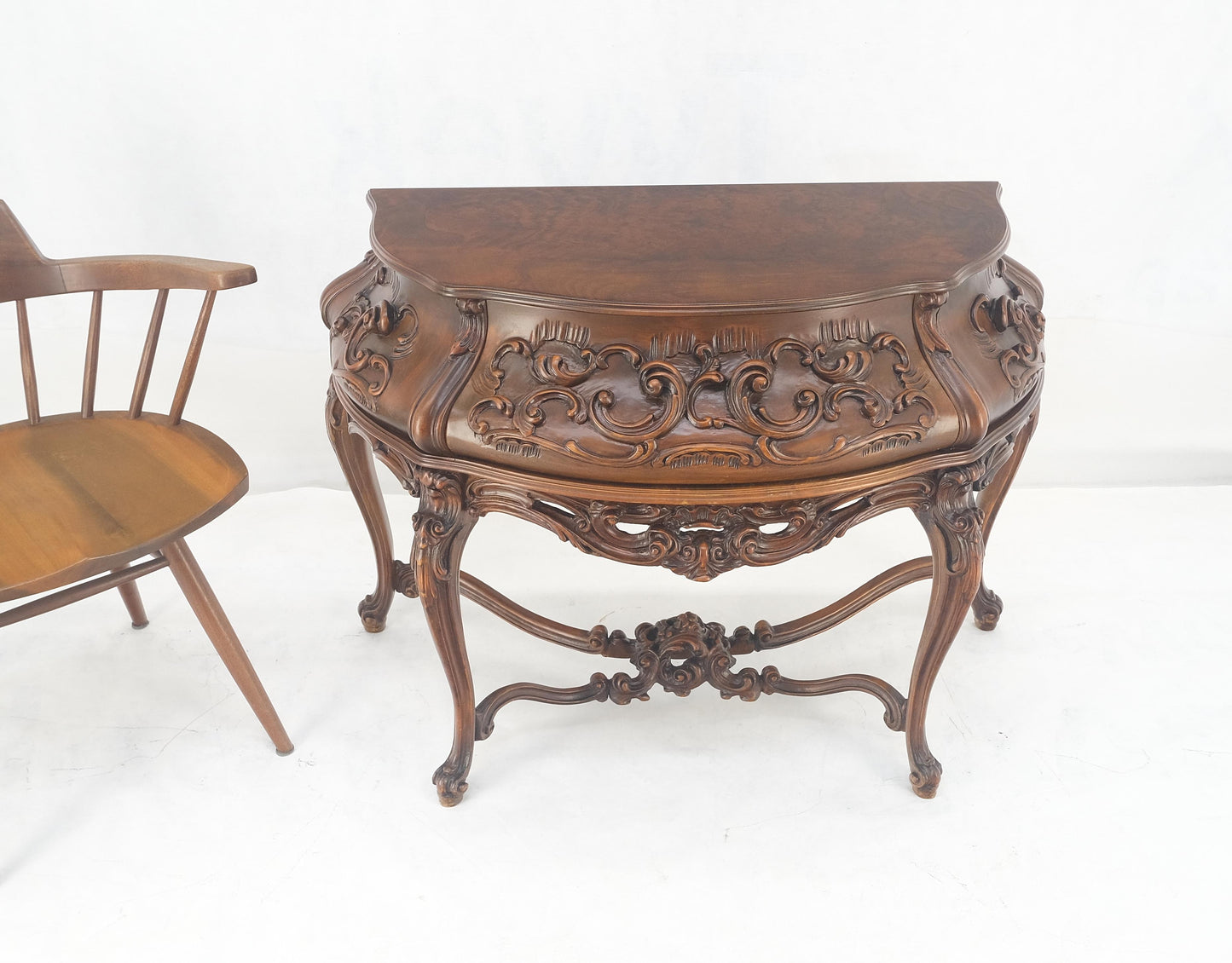 EstablishedLines Heavily Carved Decorative Demi Lune Style Burl Walnut Top Console Table MINT
