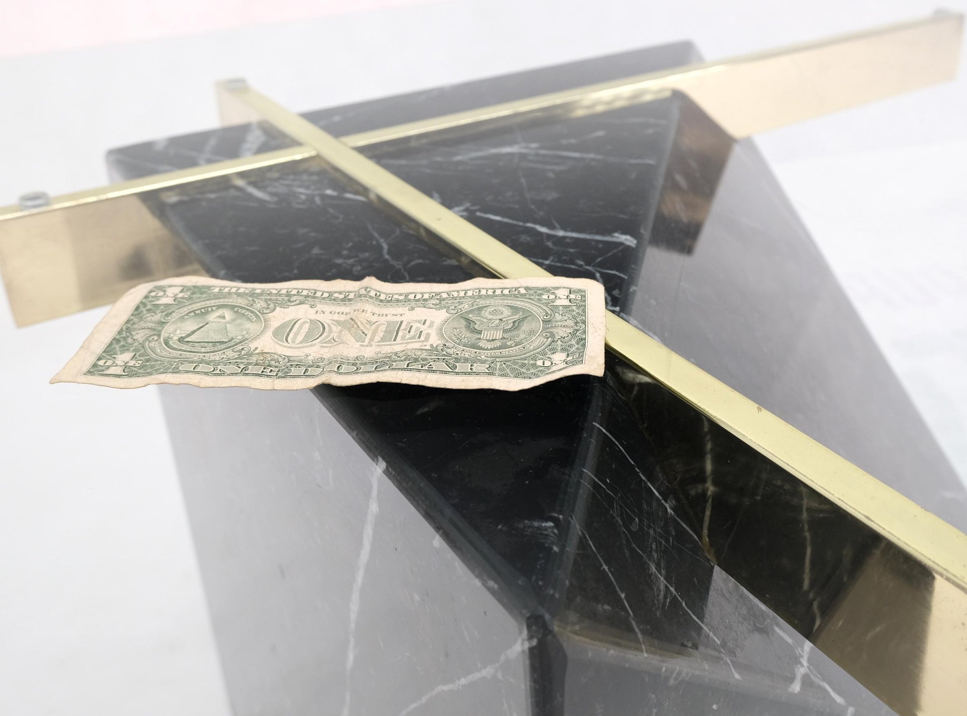 EstablishedLines Black Cube Shape Marble Base Brass Stretchers Square Glass Top Coffee Table