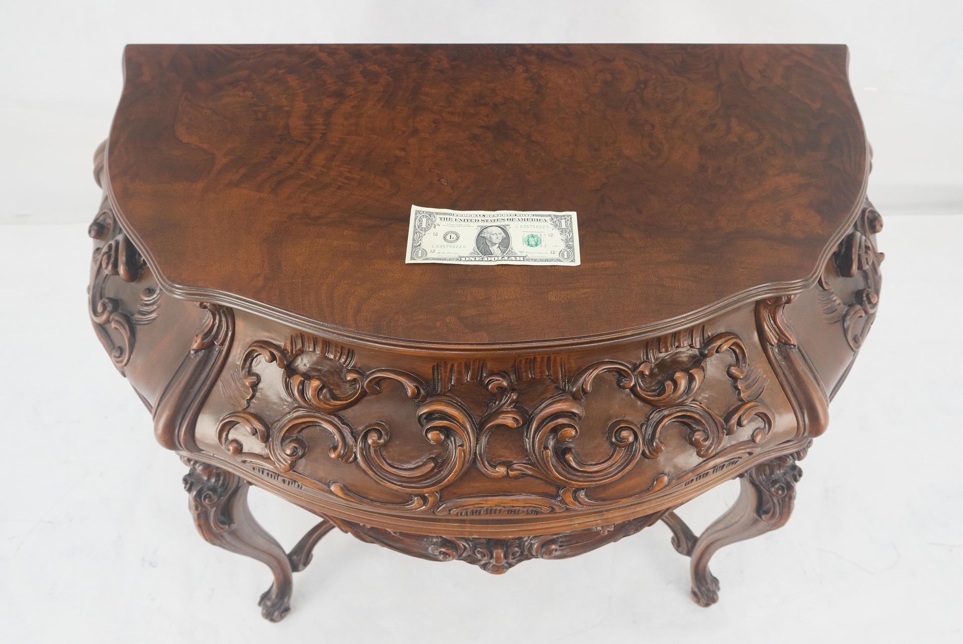 EstablishedLines Heavily Carved Decorative Demi Lune Style Burl Walnut Top Console Table MINT