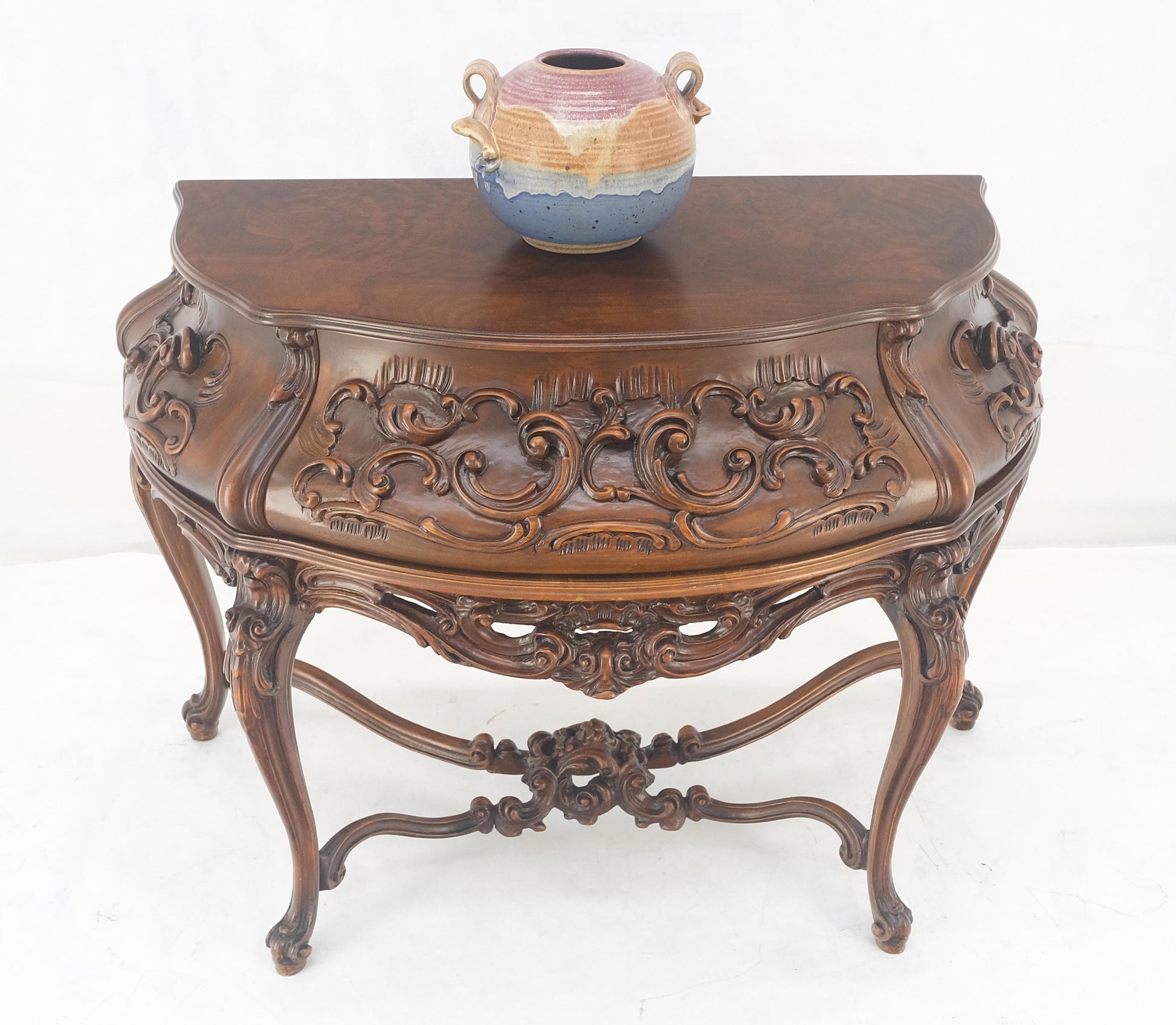EstablishedLines Heavily Carved Decorative Demi Lune Style Burl Walnut Top Console Table MINT