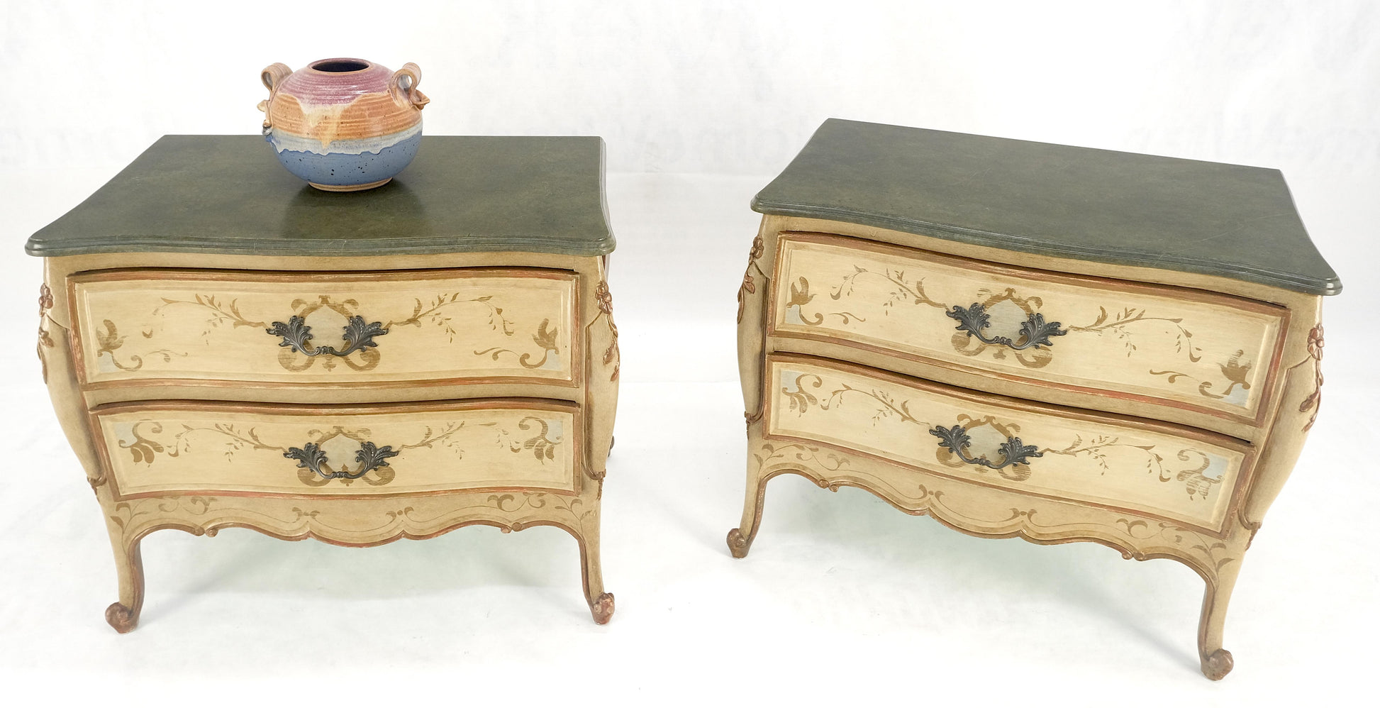 EstablishedLines Bombay Paint Decorated Faux Marble Top Two Drawers Night Stands End Tables MINT!