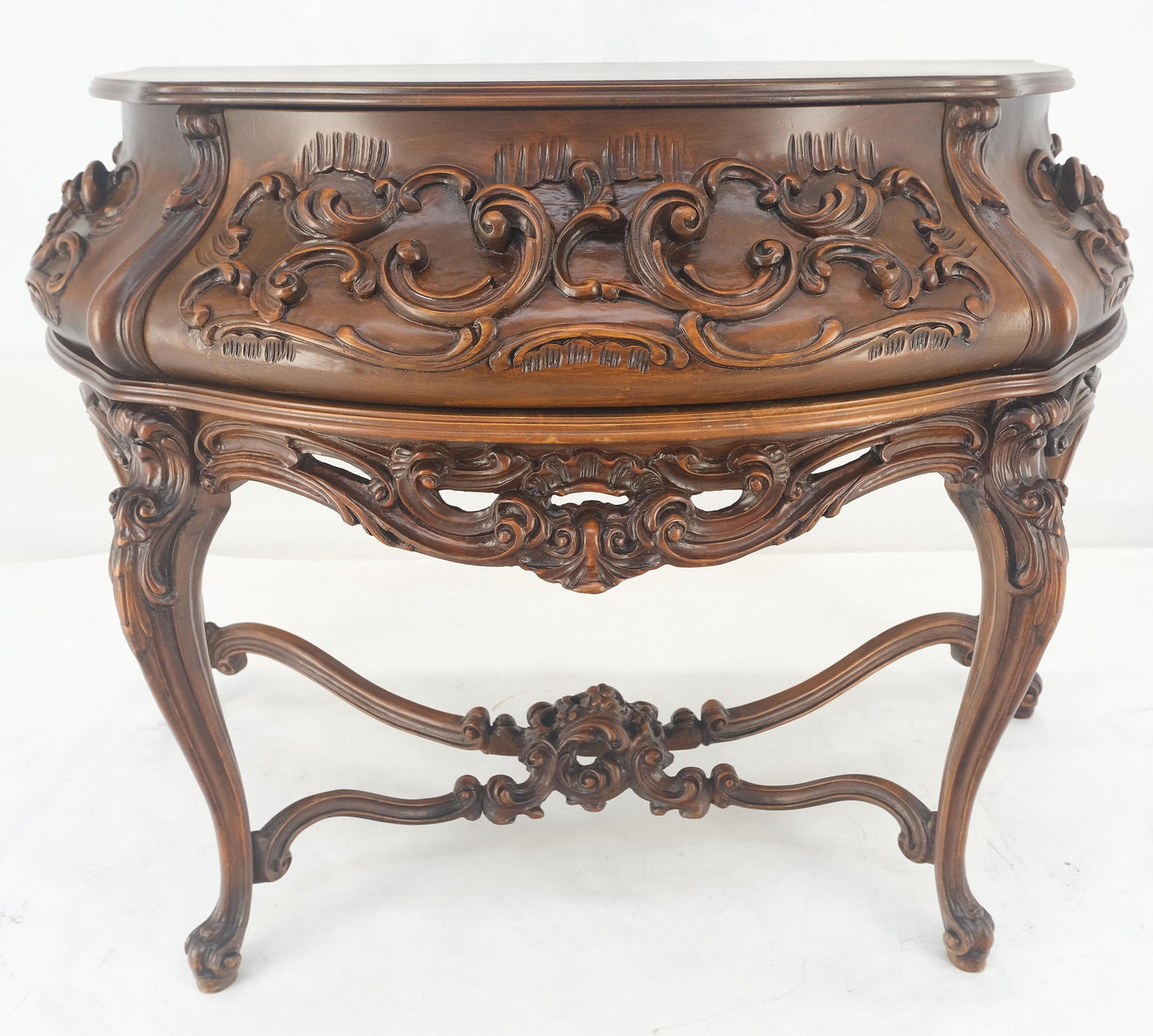 EstablishedLines Heavily Carved Decorative Demi Lune Style Burl Walnut Top Console Table MINT