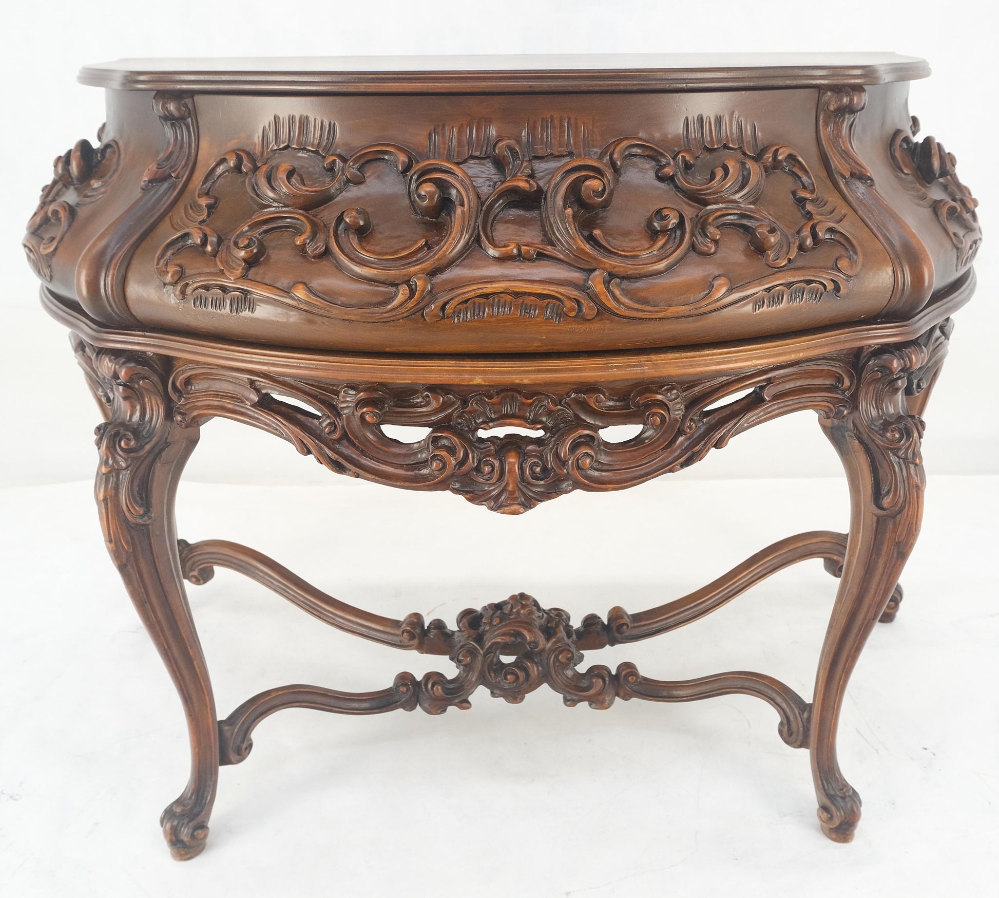 EstablishedLines Heavily Carved Decorative Demi Lune Style Burl Walnut Top Console Table MINT