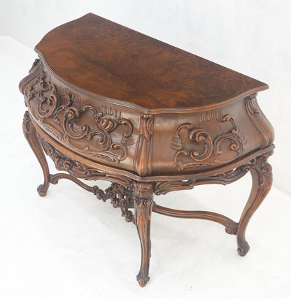 EstablishedLines Heavily Carved Decorative Demi Lune Style Burl Walnut Top Console Table MINT
