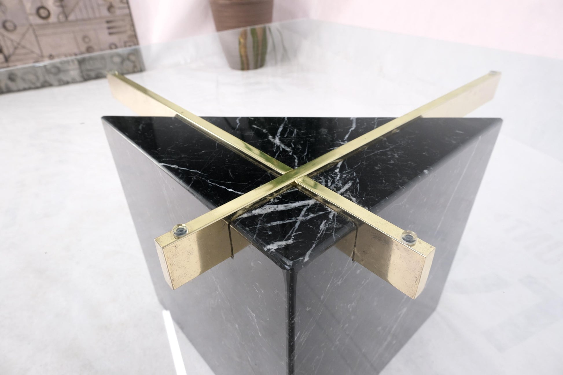 EstablishedLines Black Cube Shape Marble Base Brass Stretchers Square Glass Top Coffee Table