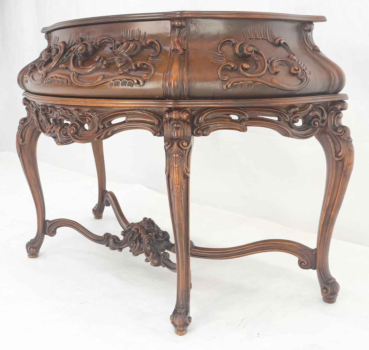 EstablishedLines Heavily Carved Decorative Demi Lune Style Burl Walnut Top Console Table MINT