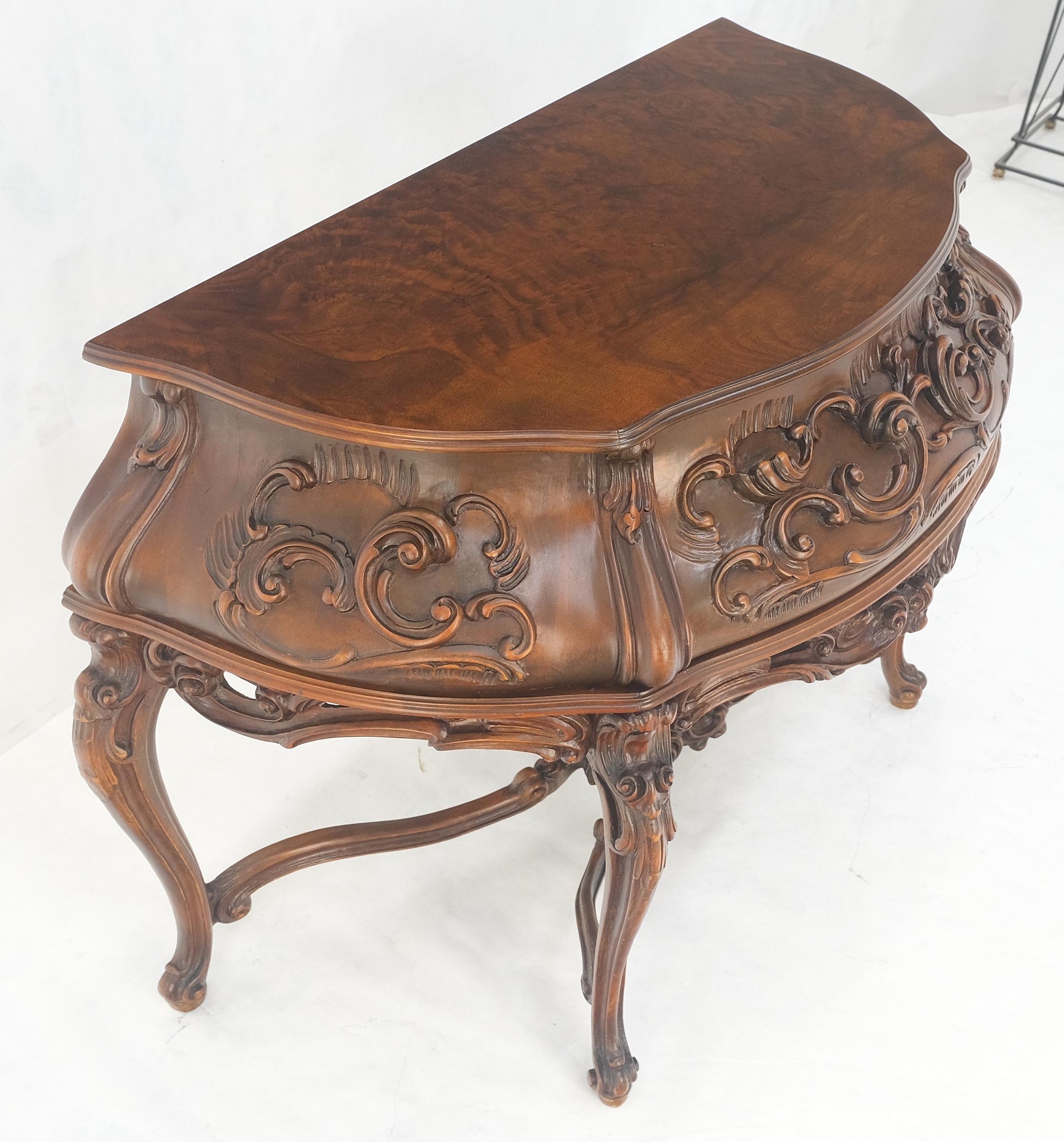 EstablishedLines Heavily Carved Decorative Demi Lune Style Burl Walnut Top Console Table MINT