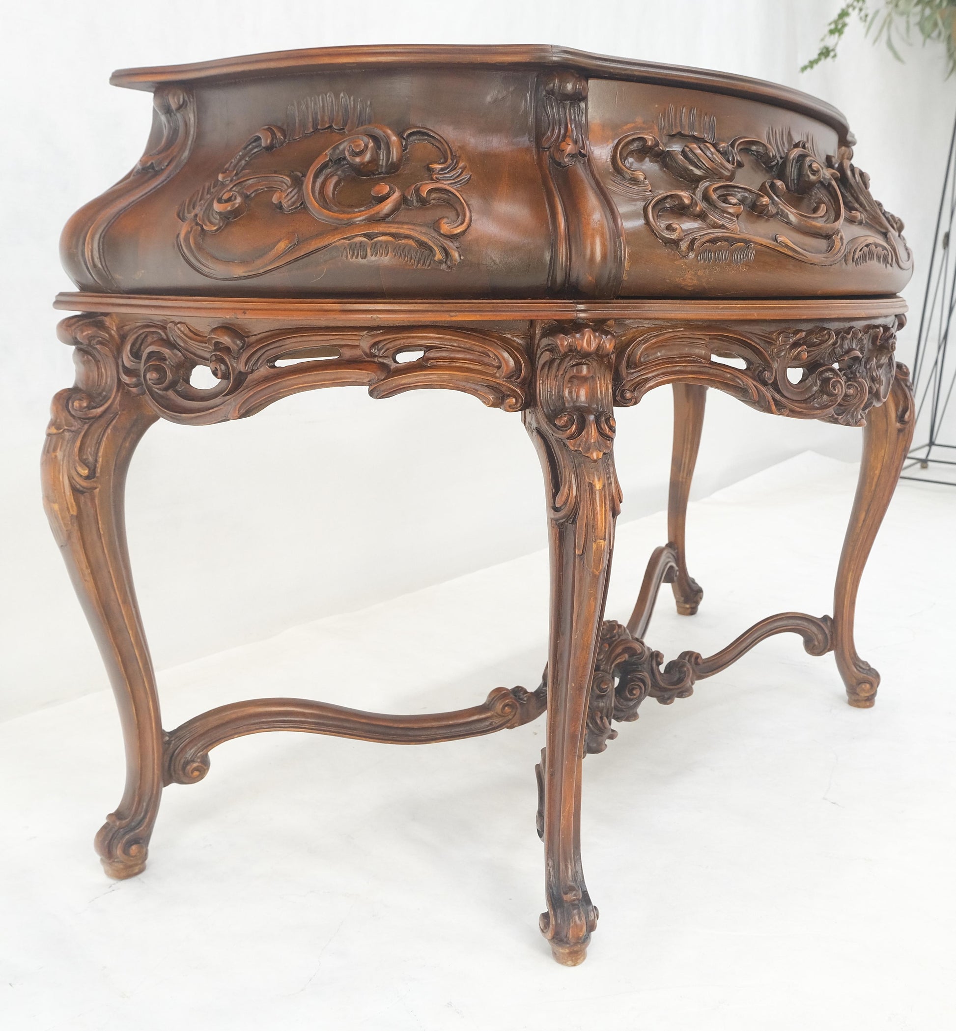 EstablishedLines Heavily Carved Decorative Demi Lune Style Burl Walnut Top Console Table MINT
