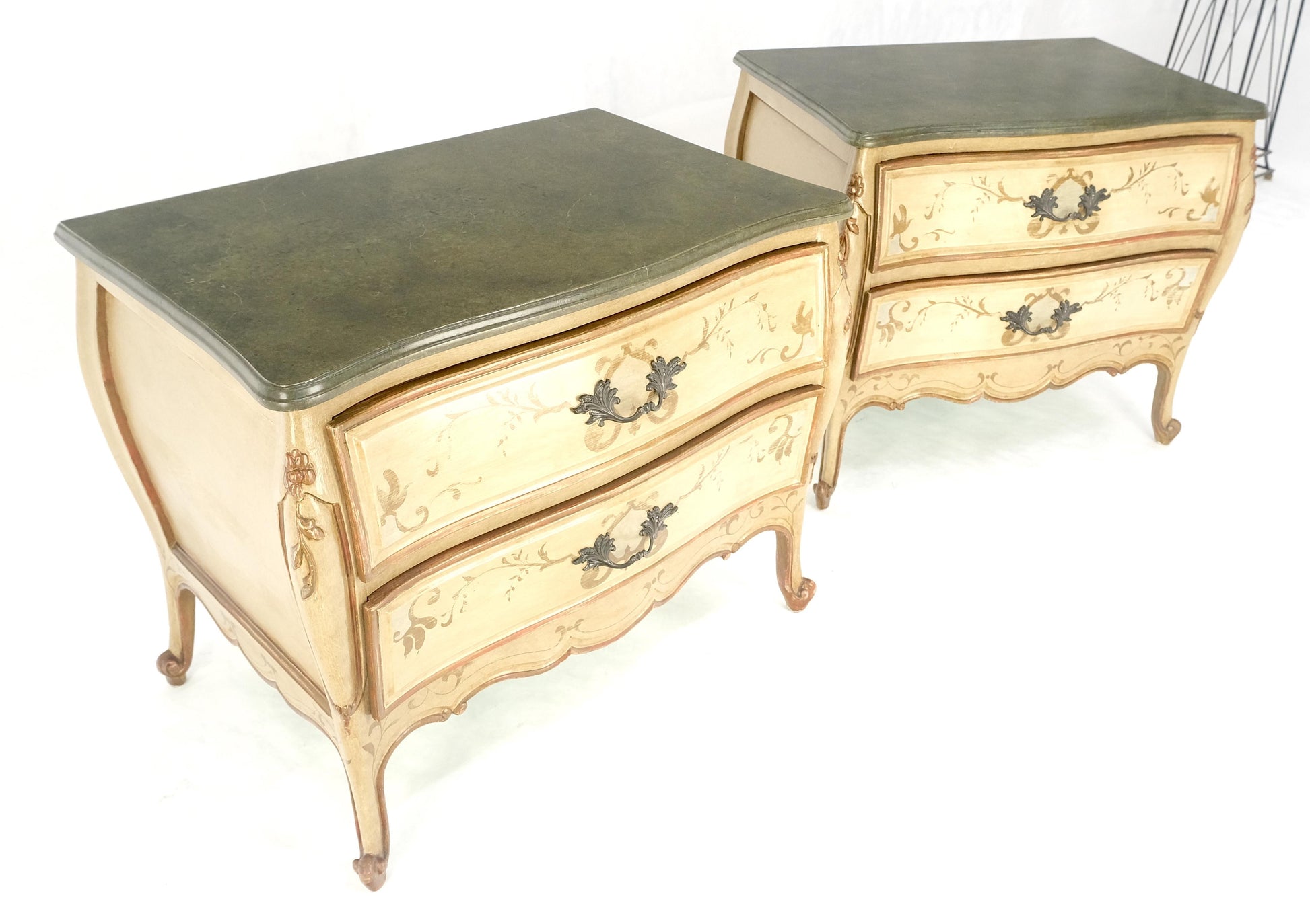 EstablishedLines Bombay Paint Decorated Faux Marble Top Two Drawers Night Stands End Tables MINT!