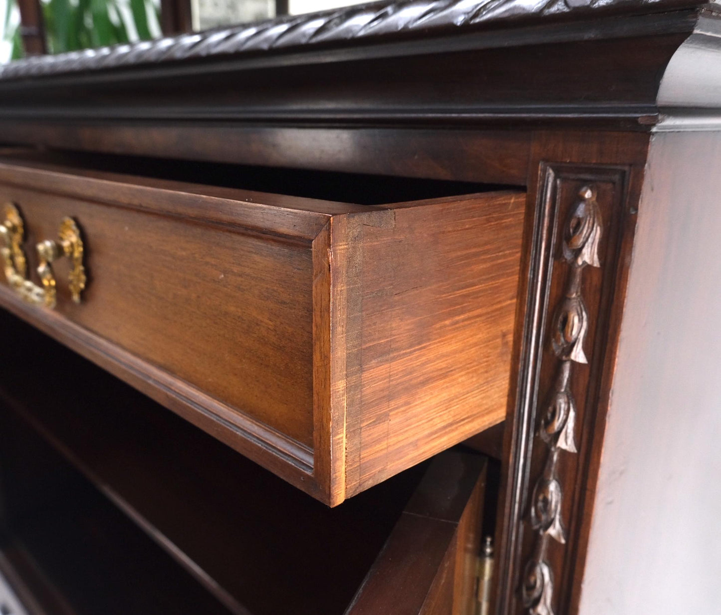 EstablishedLines Antique Mahogany Carved Rope Edge Two Part Cupboard Cabinet Server Vitrine MINT