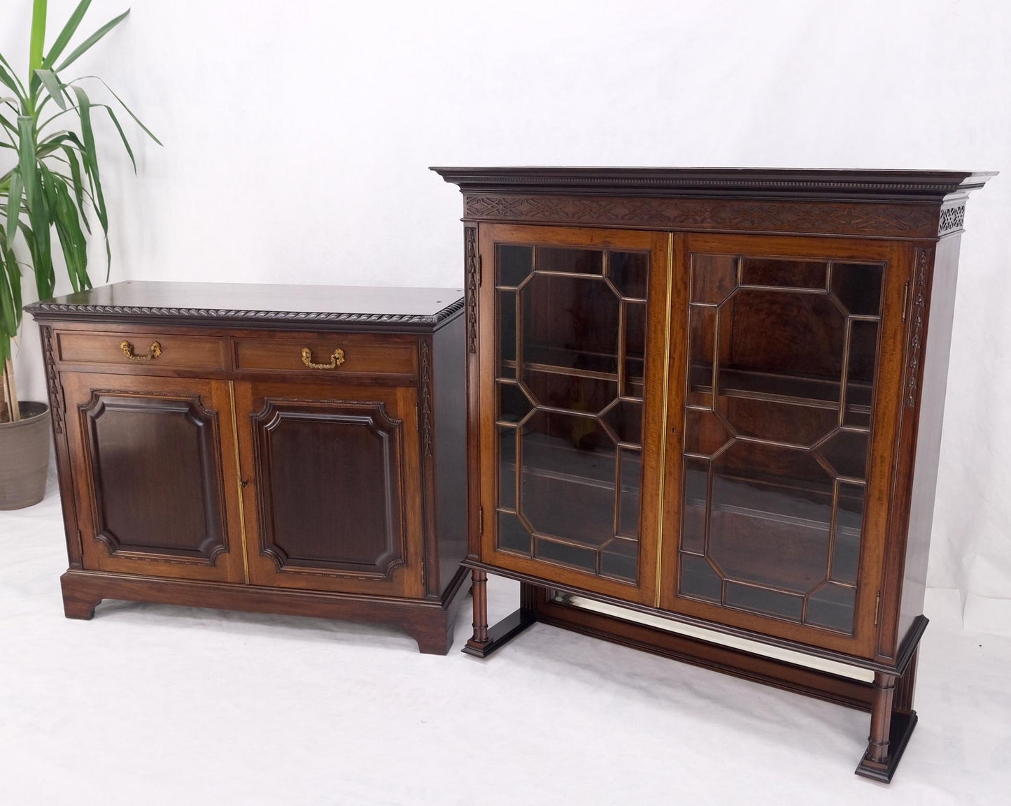 EstablishedLines Antique Mahogany Carved Rope Edge Two Part Cupboard Cabinet Server Vitrine MINT