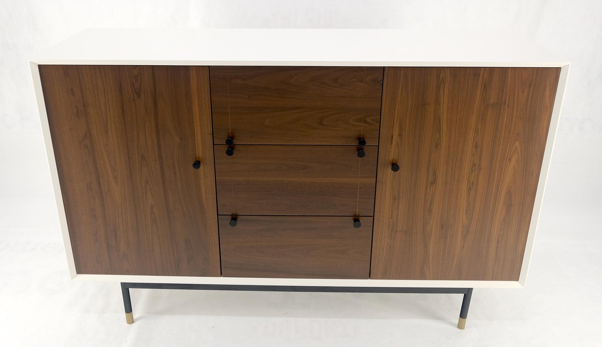 White Lacquer Walnut 39" Tall Double Doors 3 Drawer Compartment Credenza Dresser