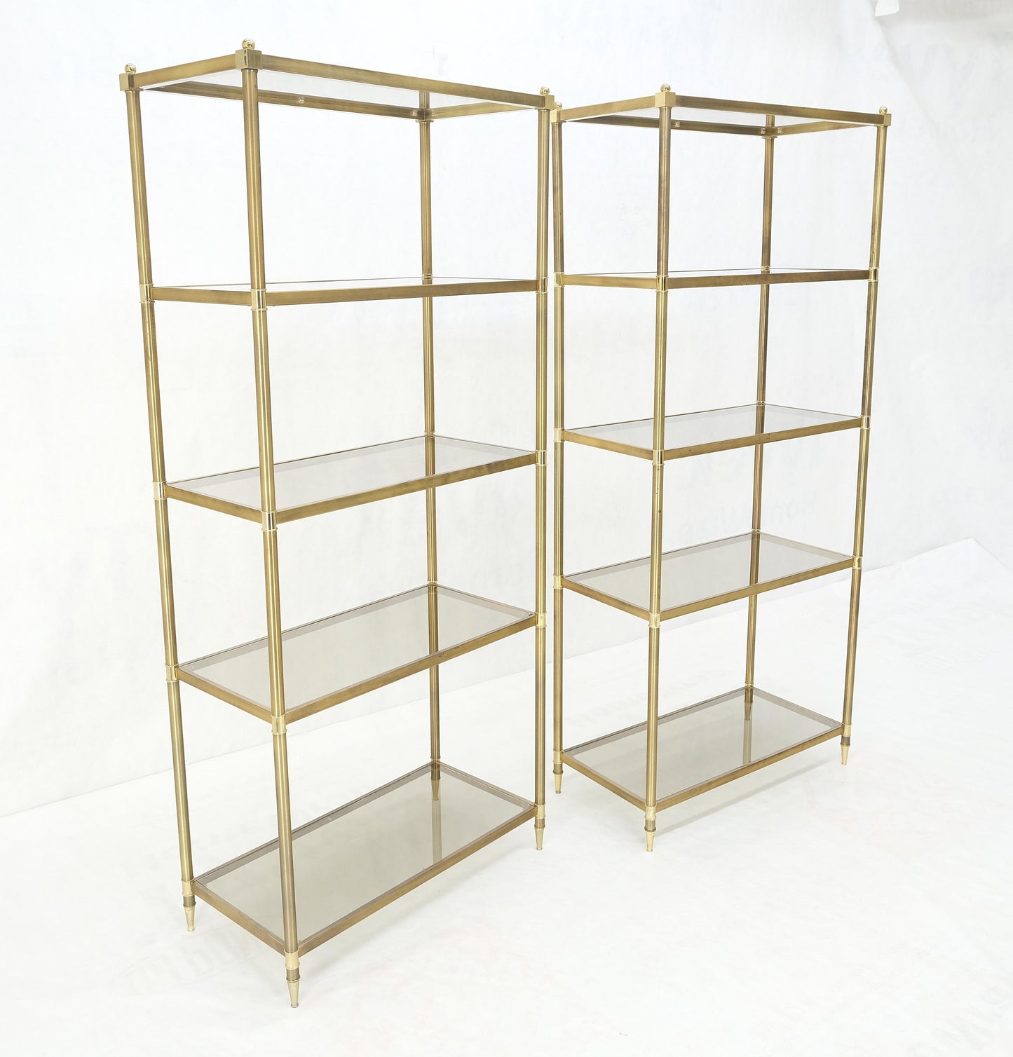 EstablishedLines Pair Decorative Brass Smoked Glass 4 Tier Shelves Vitrines Etageres Displays