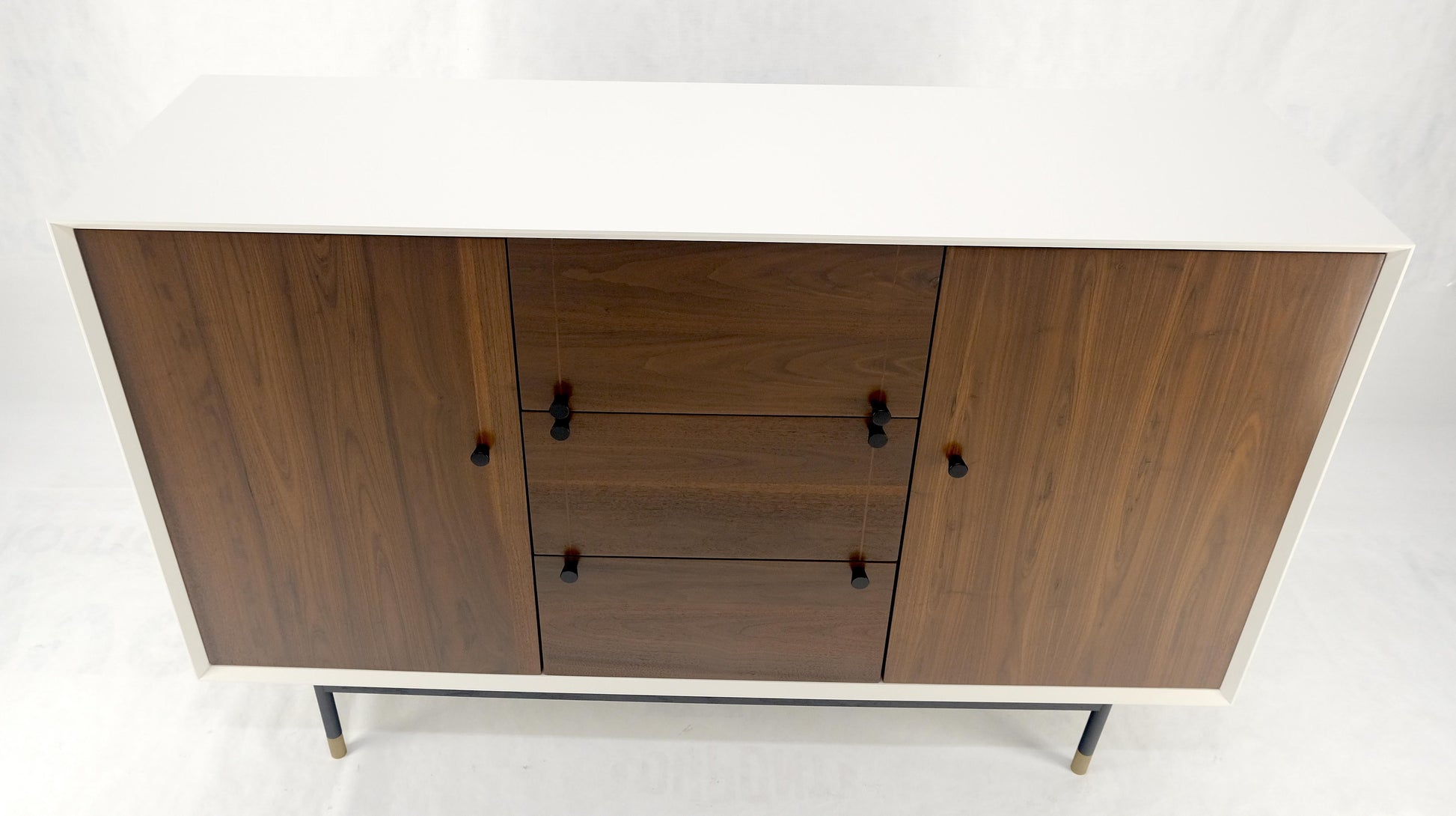White Lacquer Walnut 39" Tall Double Doors 3 Drawer Compartment Credenza Dresser