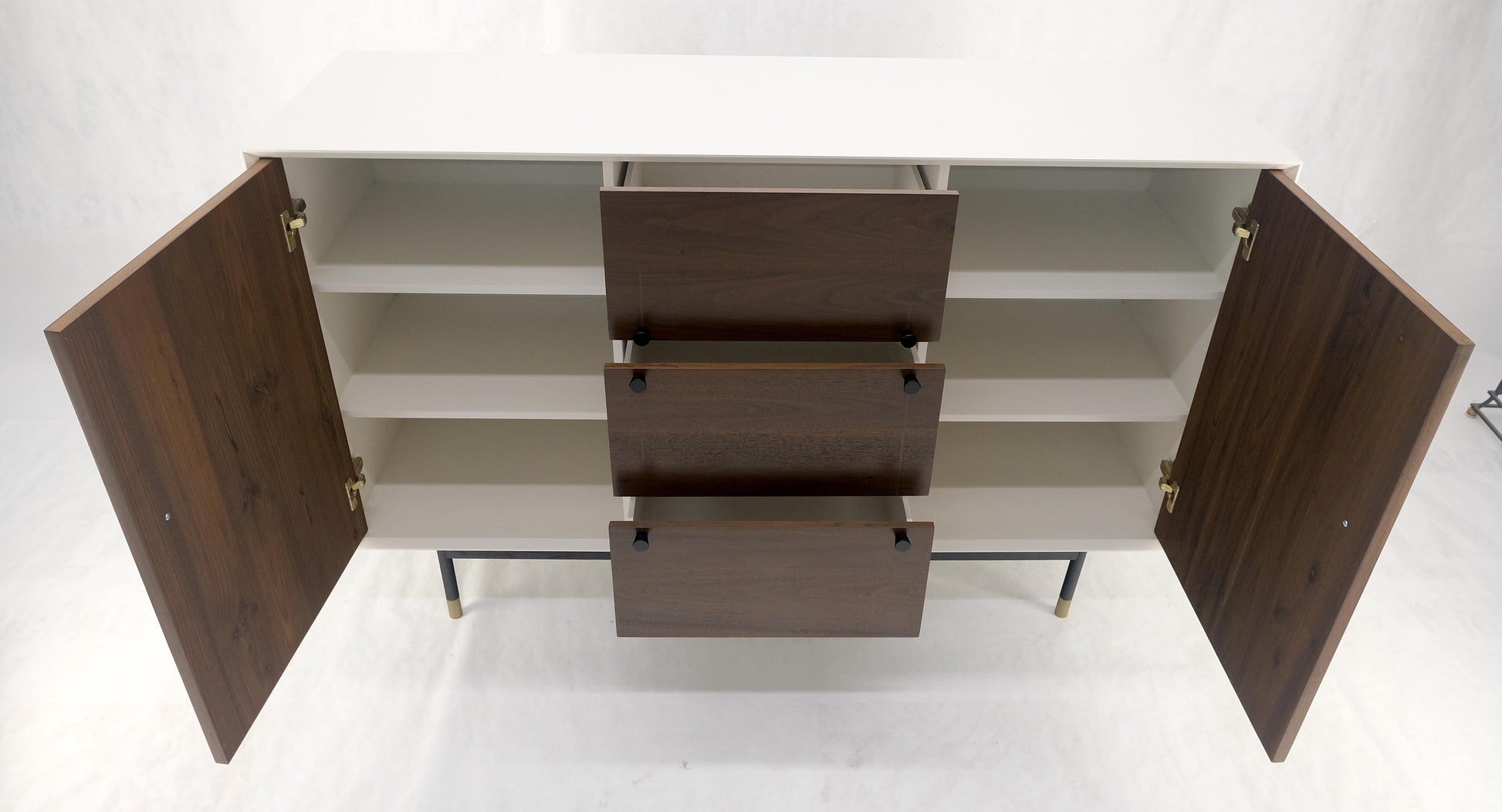 White Lacquer Walnut 39" Tall Double Doors 3 Drawer Compartment Credenza Dresser