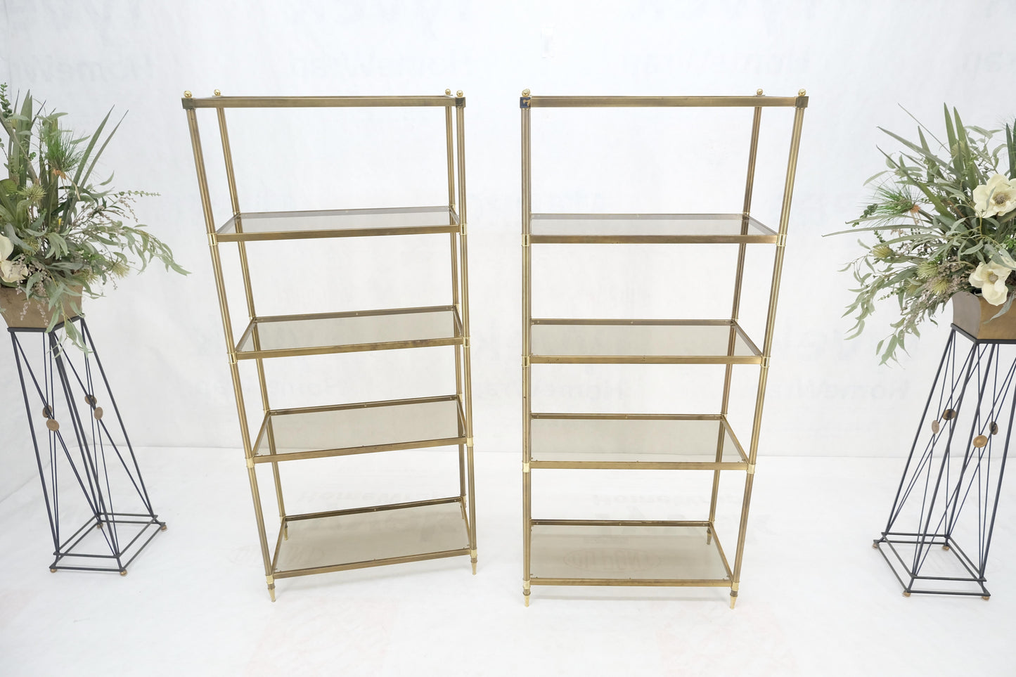EstablishedLines Pair Decorative Brass Smoked Glass 4 Tier Shelves Vitrines Etageres Displays