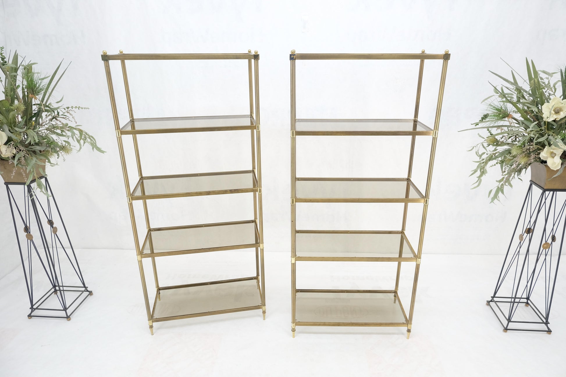 EstablishedLines Pair Decorative Brass Smoked Glass 4 Tier Shelves Vitrines Etageres Displays