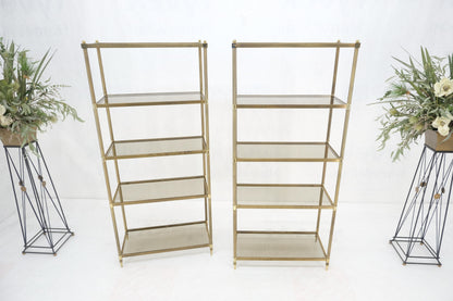 EstablishedLines Pair Decorative Brass Smoked Glass 4 Tier Shelves Vitrines Etageres Displays