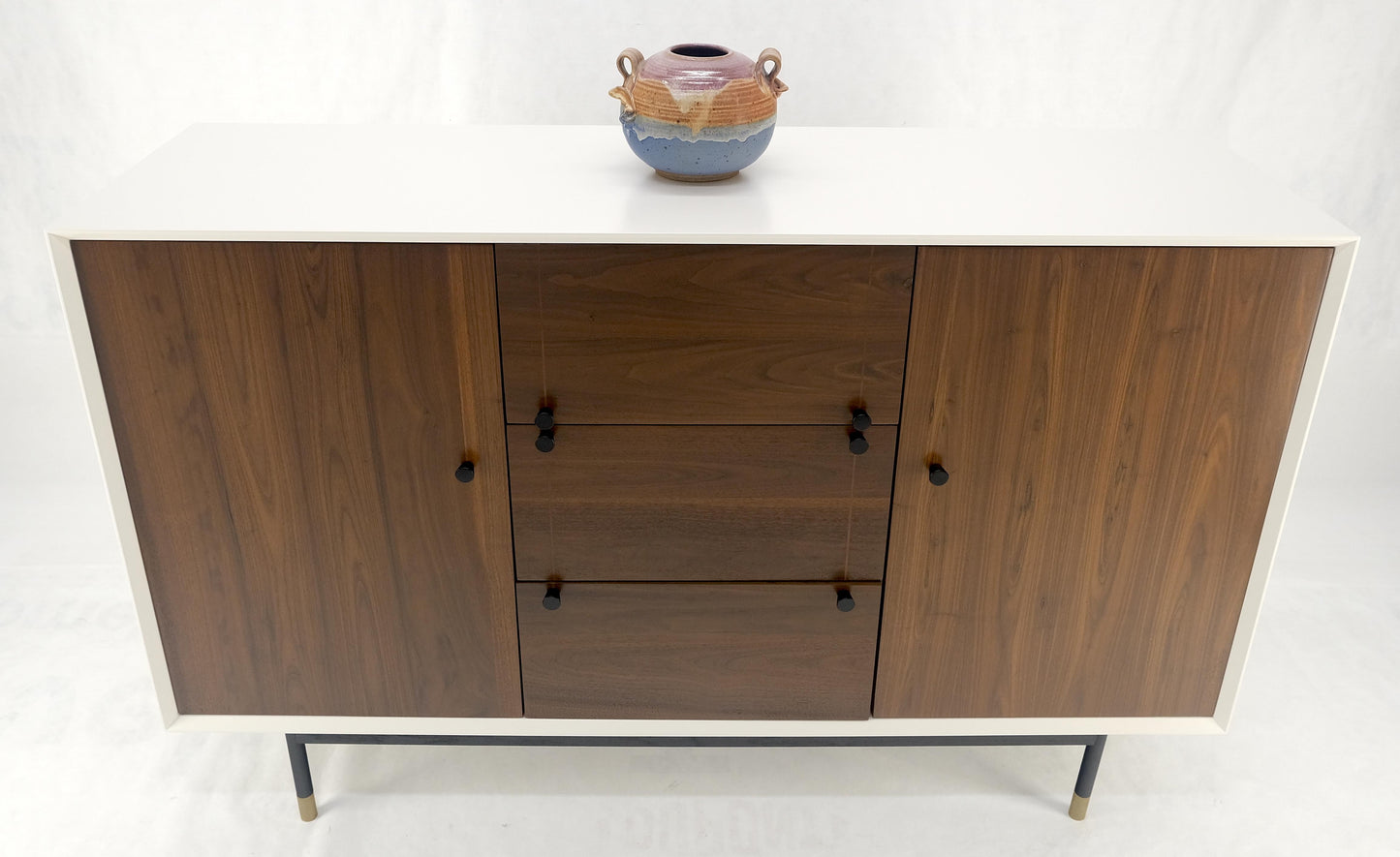 White Lacquer Walnut 39" Tall Double Doors 3 Drawer Compartment Credenza Dresser