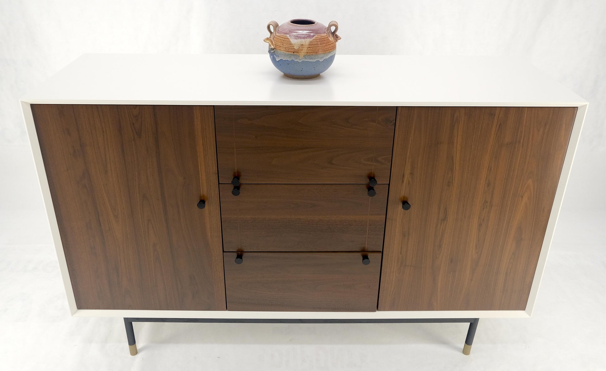 White Lacquer Walnut 39" Tall Double Doors 3 Drawer Compartment Credenza Dresser