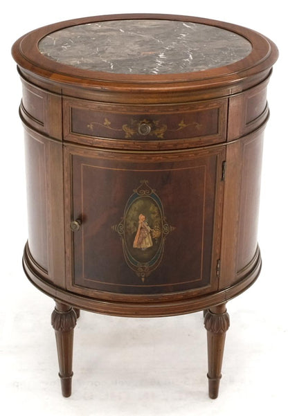 EstablishedLines Marble Top Oval One Door Compartment Drawer Adams Style Painted Stand Table