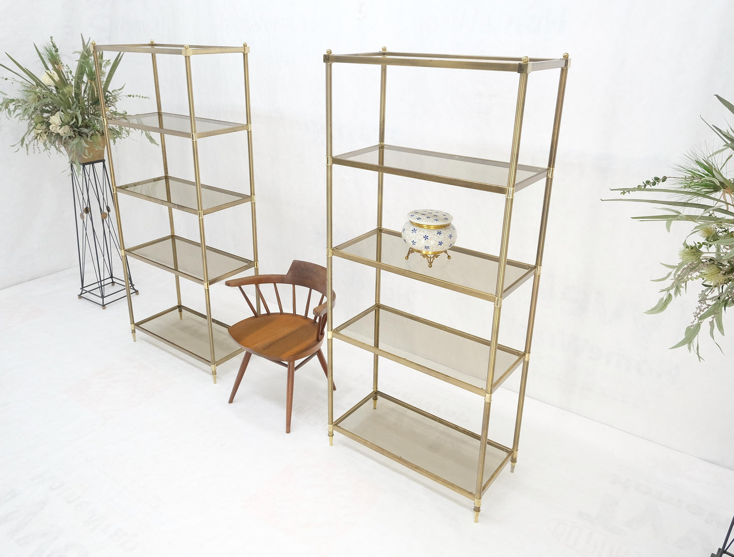 EstablishedLines Pair Decorative Brass Smoked Glass 4 Tier Shelves Vitrines Etageres Displays