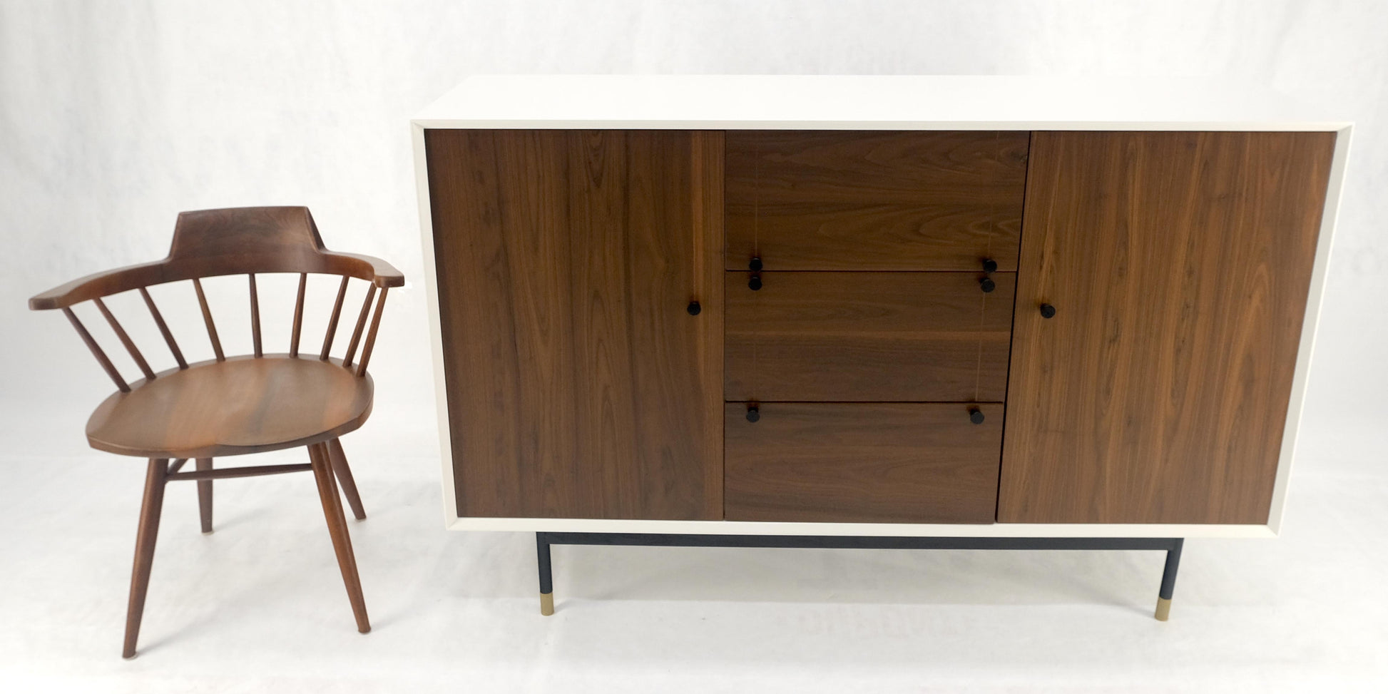 White Lacquer Walnut 39" Tall Double Doors 3 Drawer Compartment Credenza Dresser
