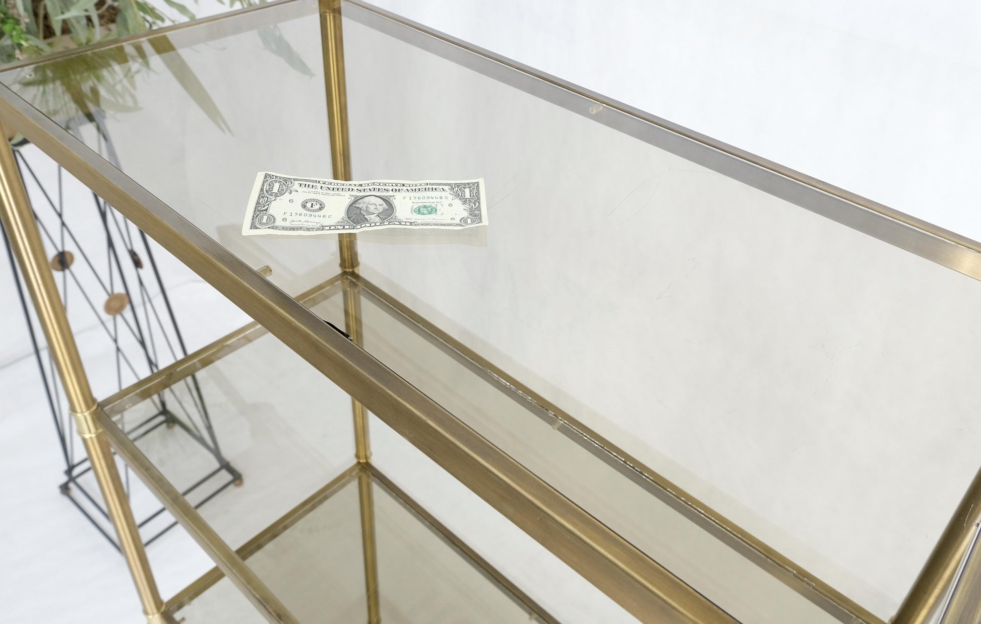 EstablishedLines Pair Decorative Brass Smoked Glass 4 Tier Shelves Vitrines Etageres Displays
