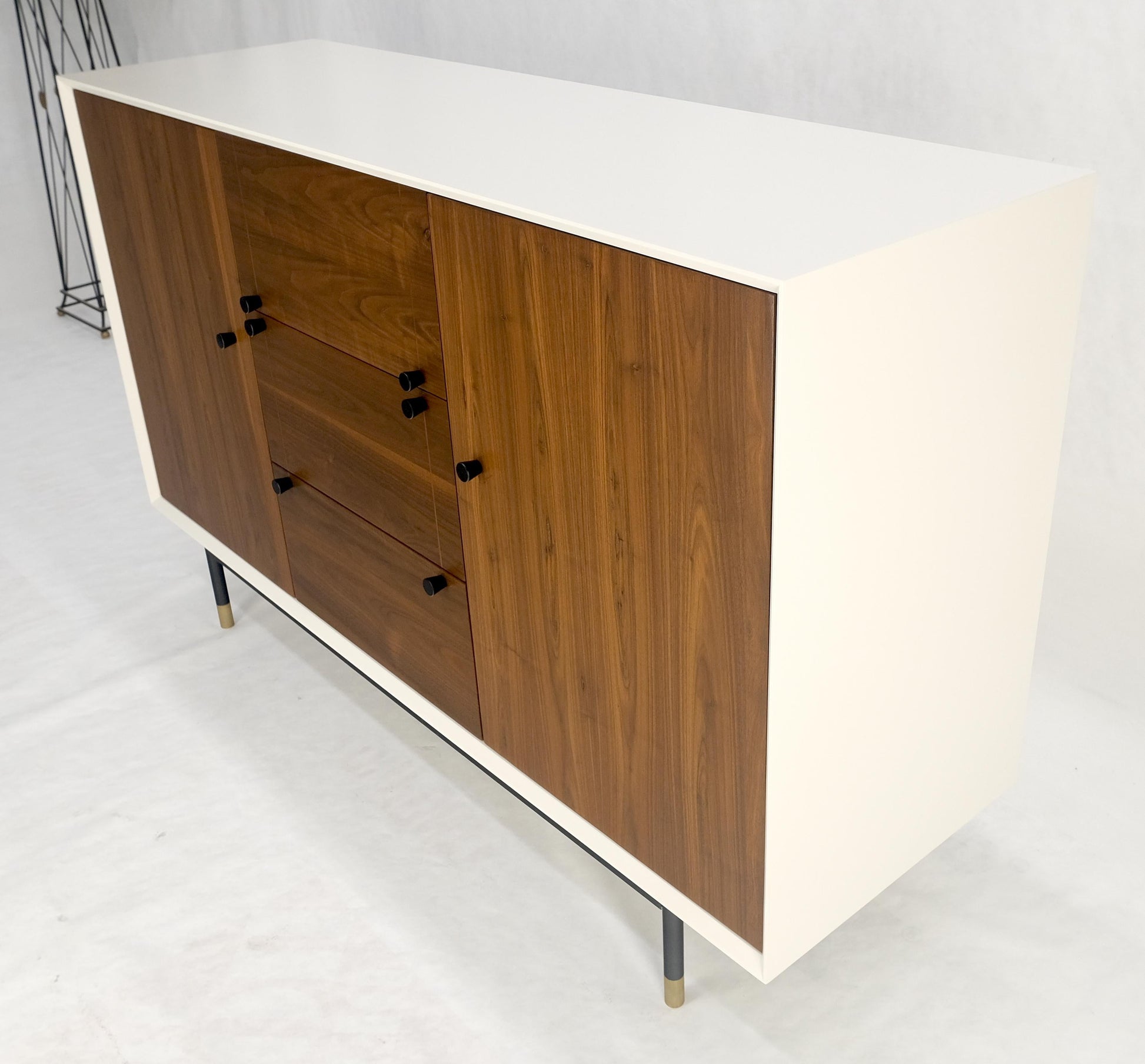 White Lacquer Walnut 39" Tall Double Doors 3 Drawer Compartment Credenza Dresser