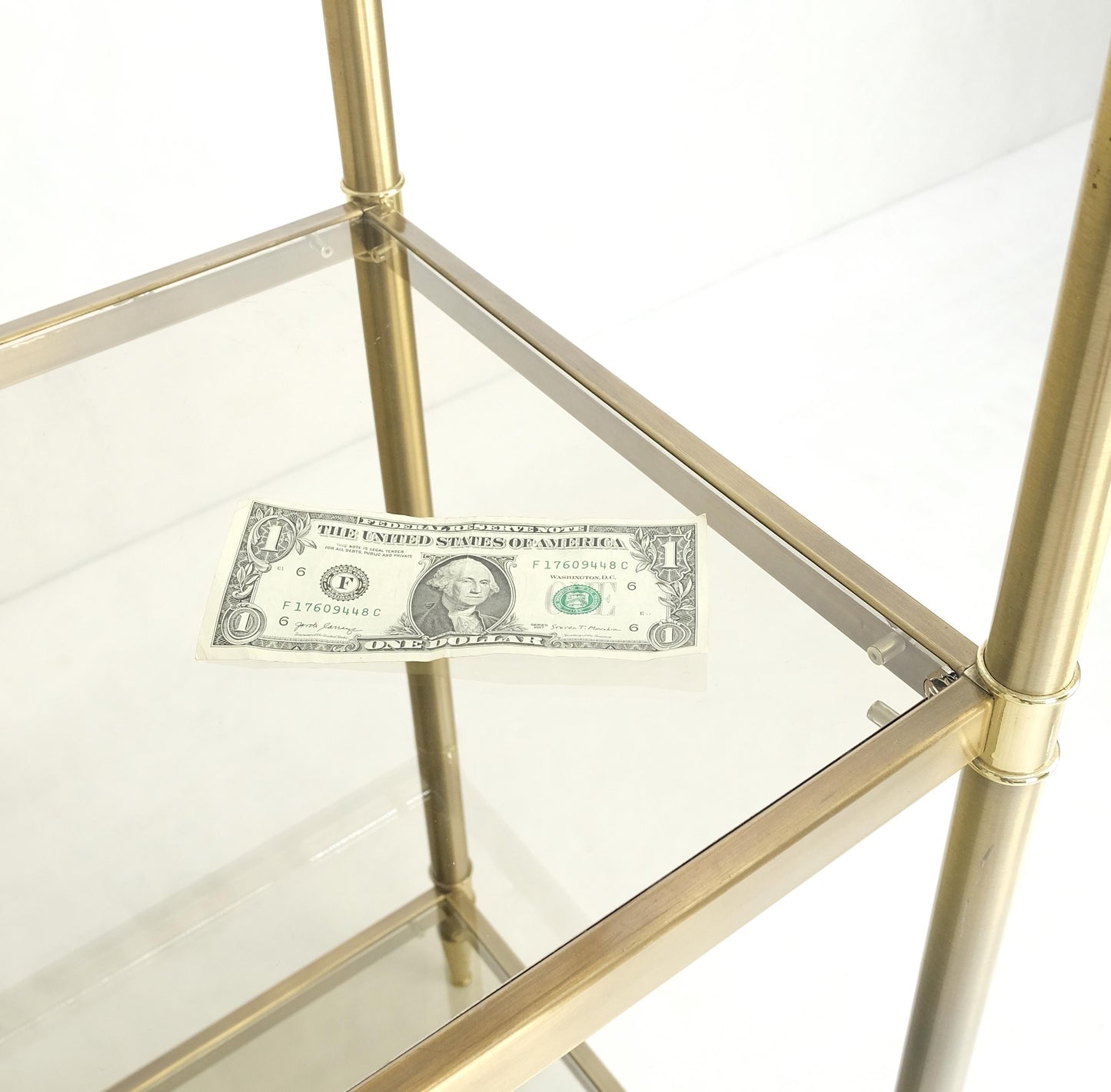 EstablishedLines Pair Decorative Brass Smoked Glass 4 Tier Shelves Vitrines Etageres Displays
