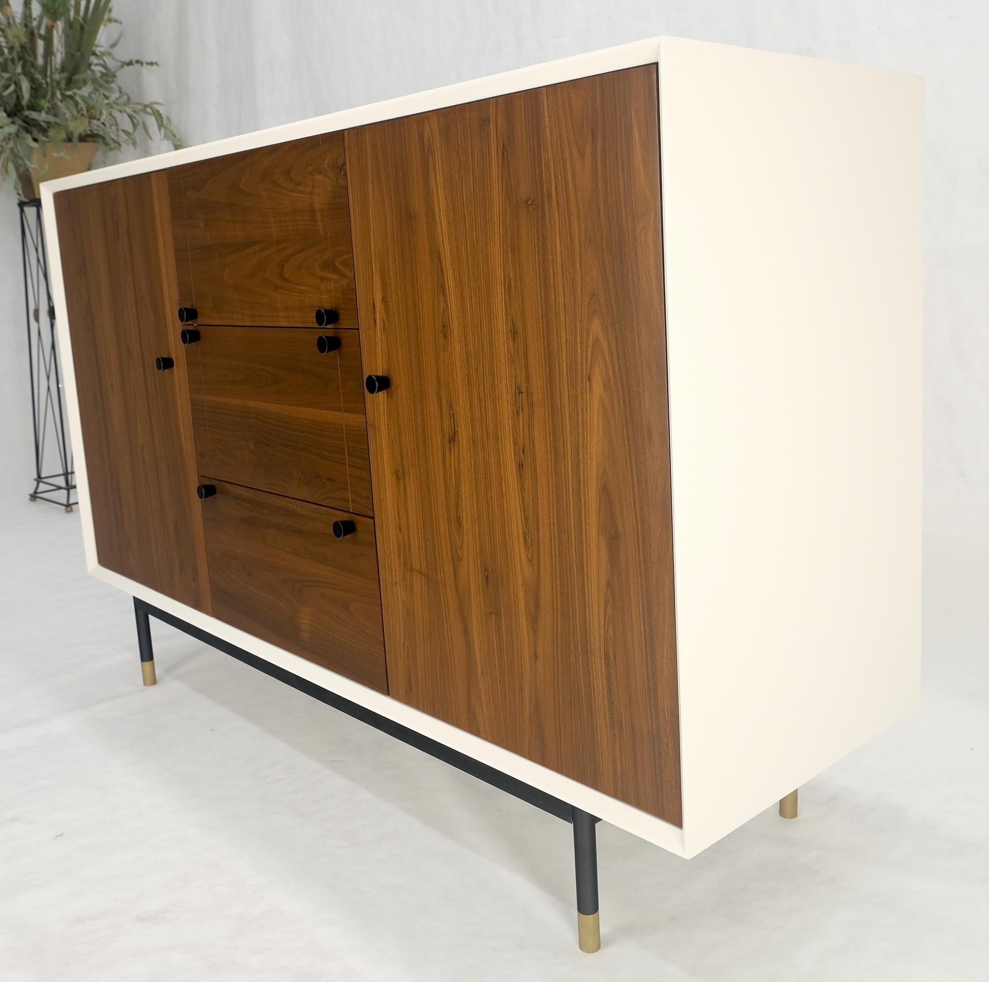 White Lacquer Walnut 39" Tall Double Doors 3 Drawer Compartment Credenza Dresser