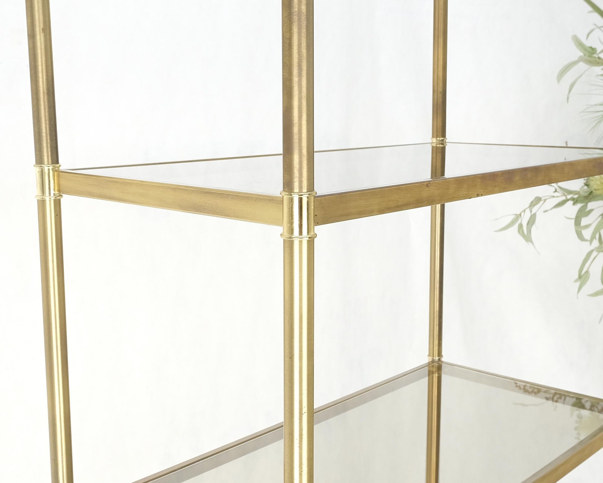 EstablishedLines Pair Decorative Brass Smoked Glass 4 Tier Shelves Vitrines Etageres Displays