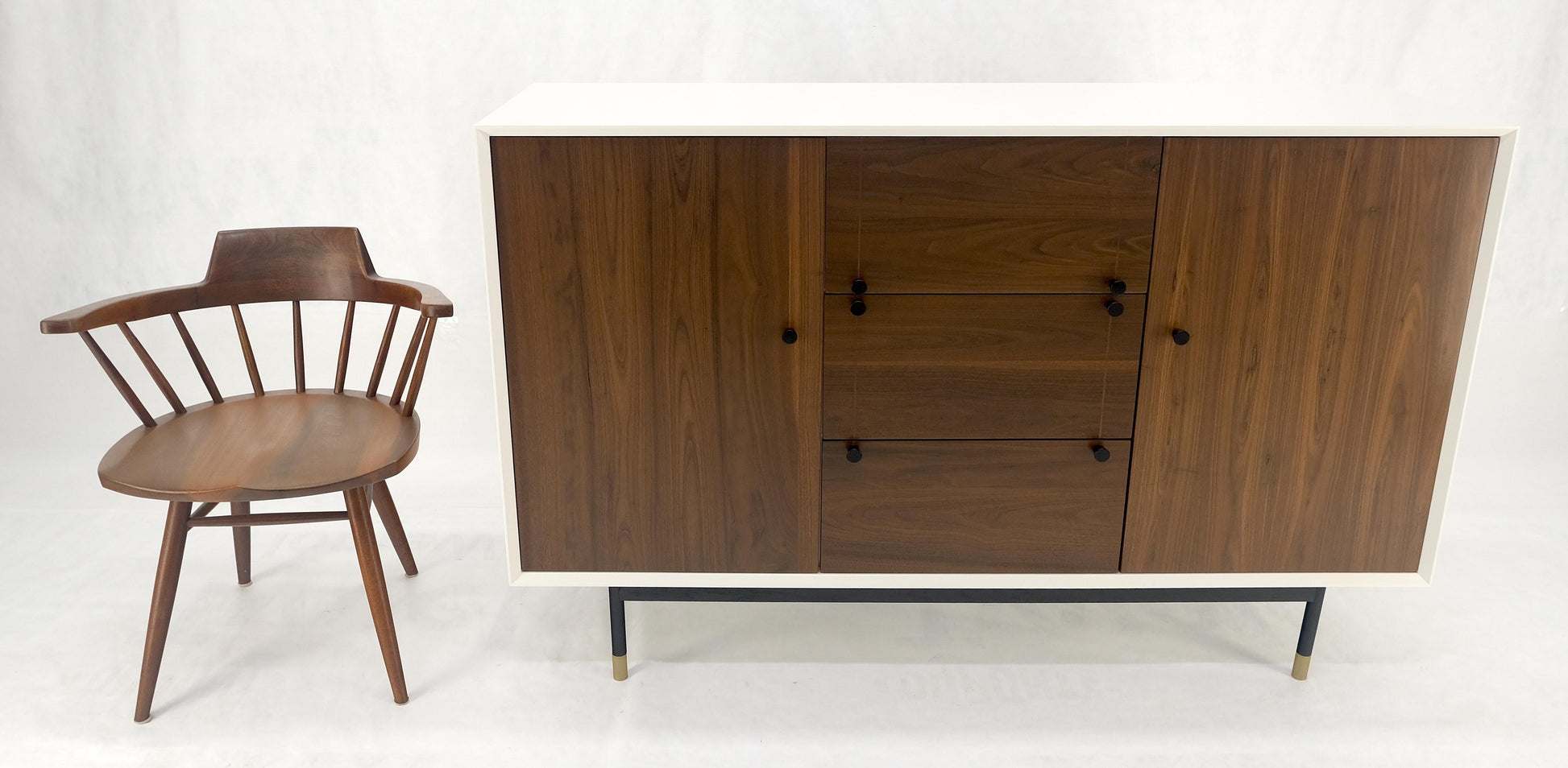 White Lacquer Walnut 39" Tall Double Doors 3 Drawer Compartment Credenza Dresser