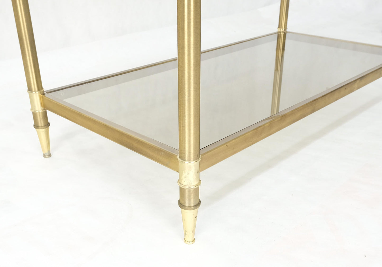 EstablishedLines Pair Decorative Brass Smoked Glass 4 Tier Shelves Vitrines Etageres Displays