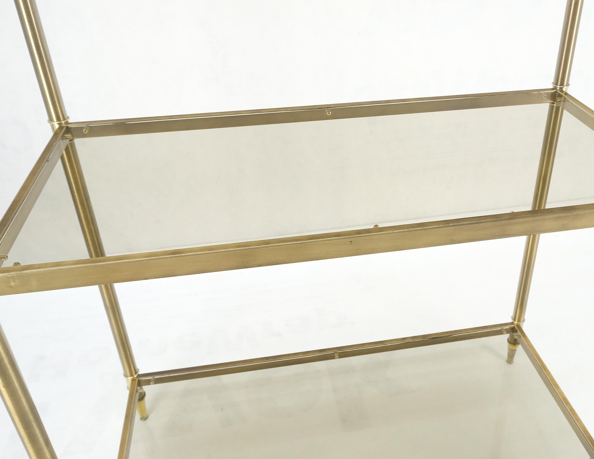 EstablishedLines Pair Decorative Brass Smoked Glass 4 Tier Shelves Vitrines Etageres Displays