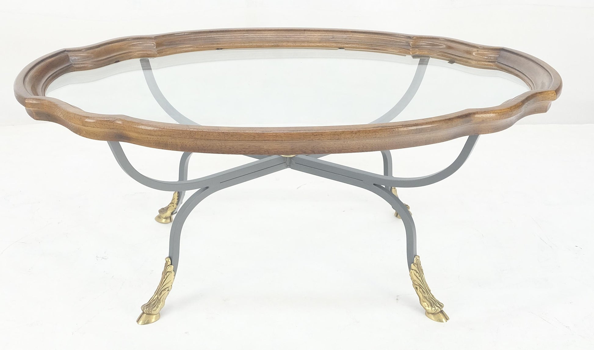 EstablishedLines Wrought Iron Brass Feet Glass Top Oval Scallop Shape 39" Long Coffee Table MINT
