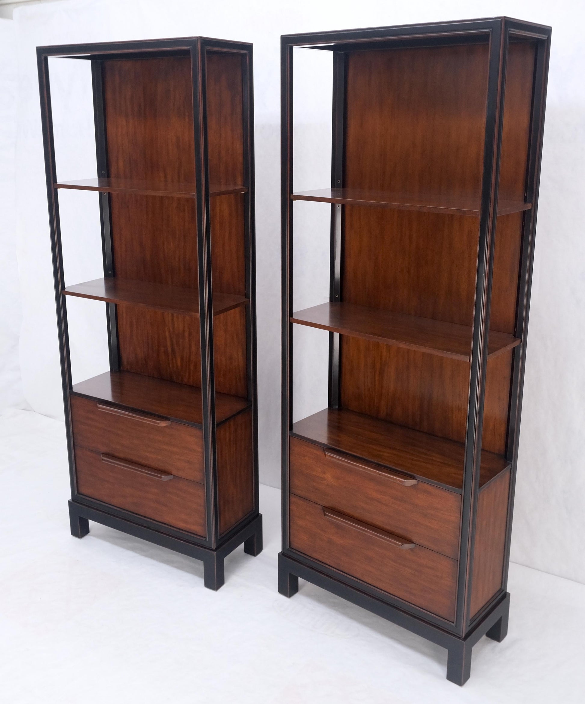 EstablishedLines Pair 7.5' Tall Custom Mahogany Etageres Adjustable Shelves Dresser Drawers MINT!