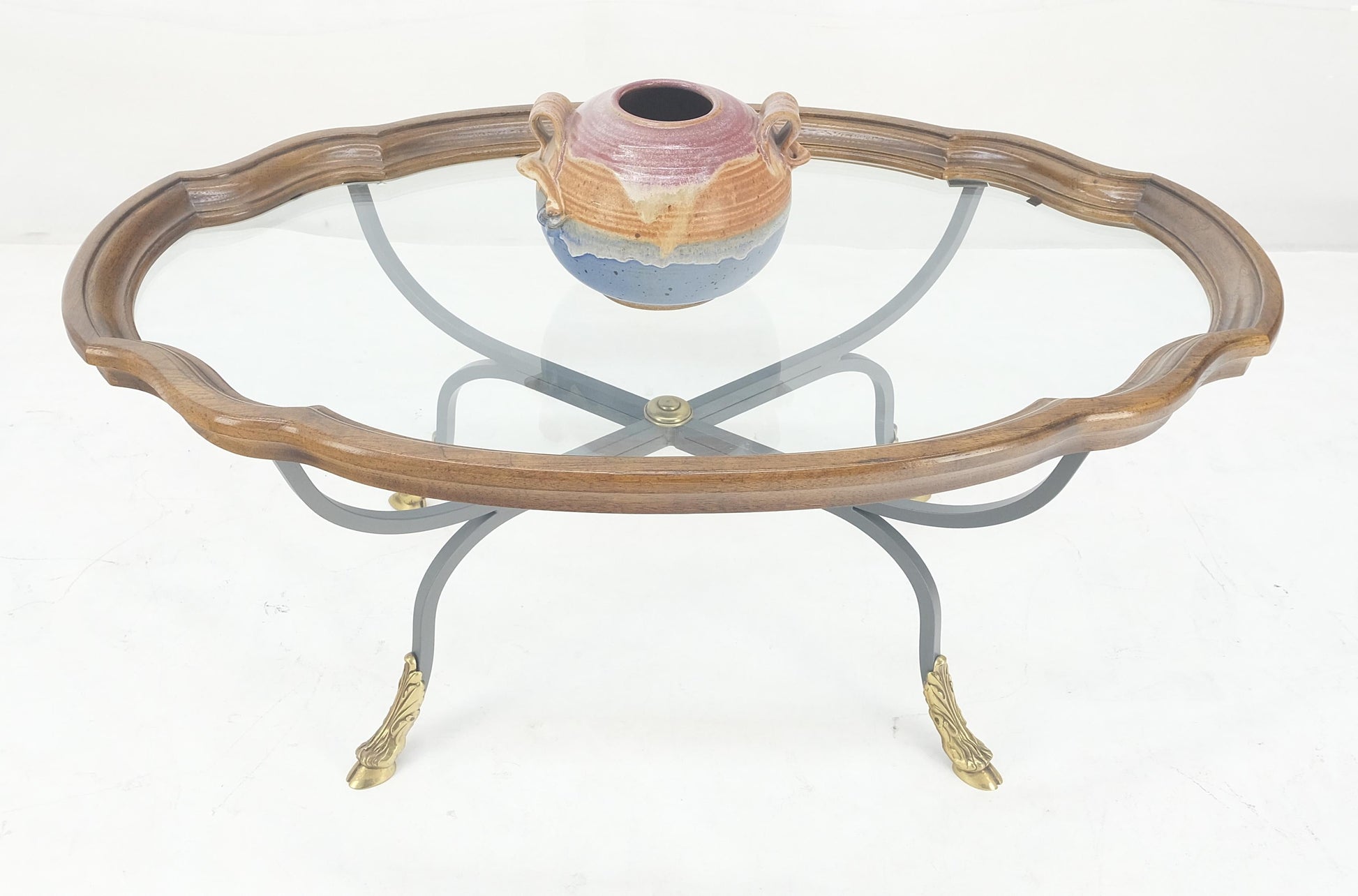 EstablishedLines Wrought Iron Brass Feet Glass Top Oval Scallop Shape 39" Long Coffee Table MINT