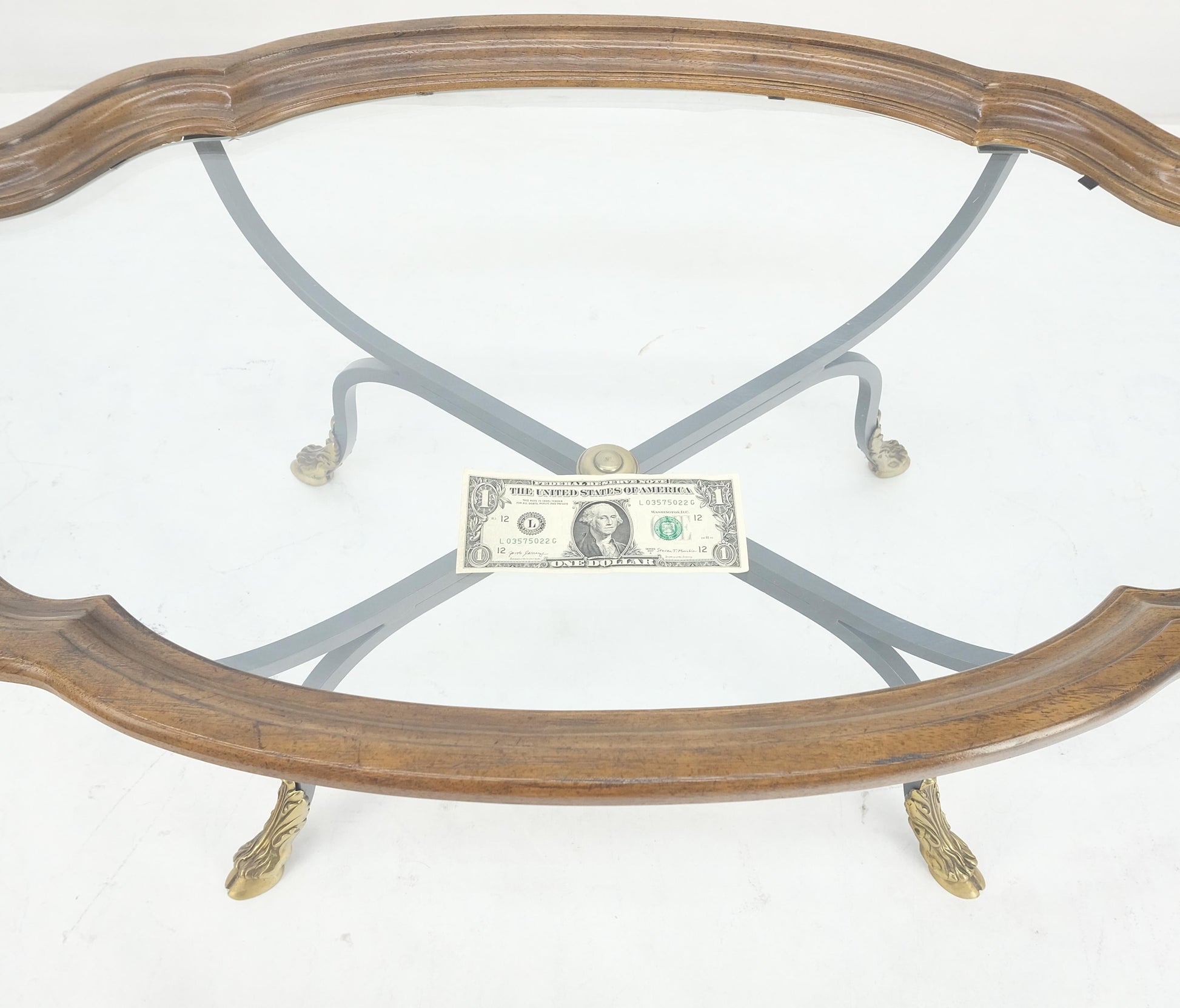 EstablishedLines Wrought Iron Brass Feet Glass Top Oval Scallop Shape 39" Long Coffee Table MINT